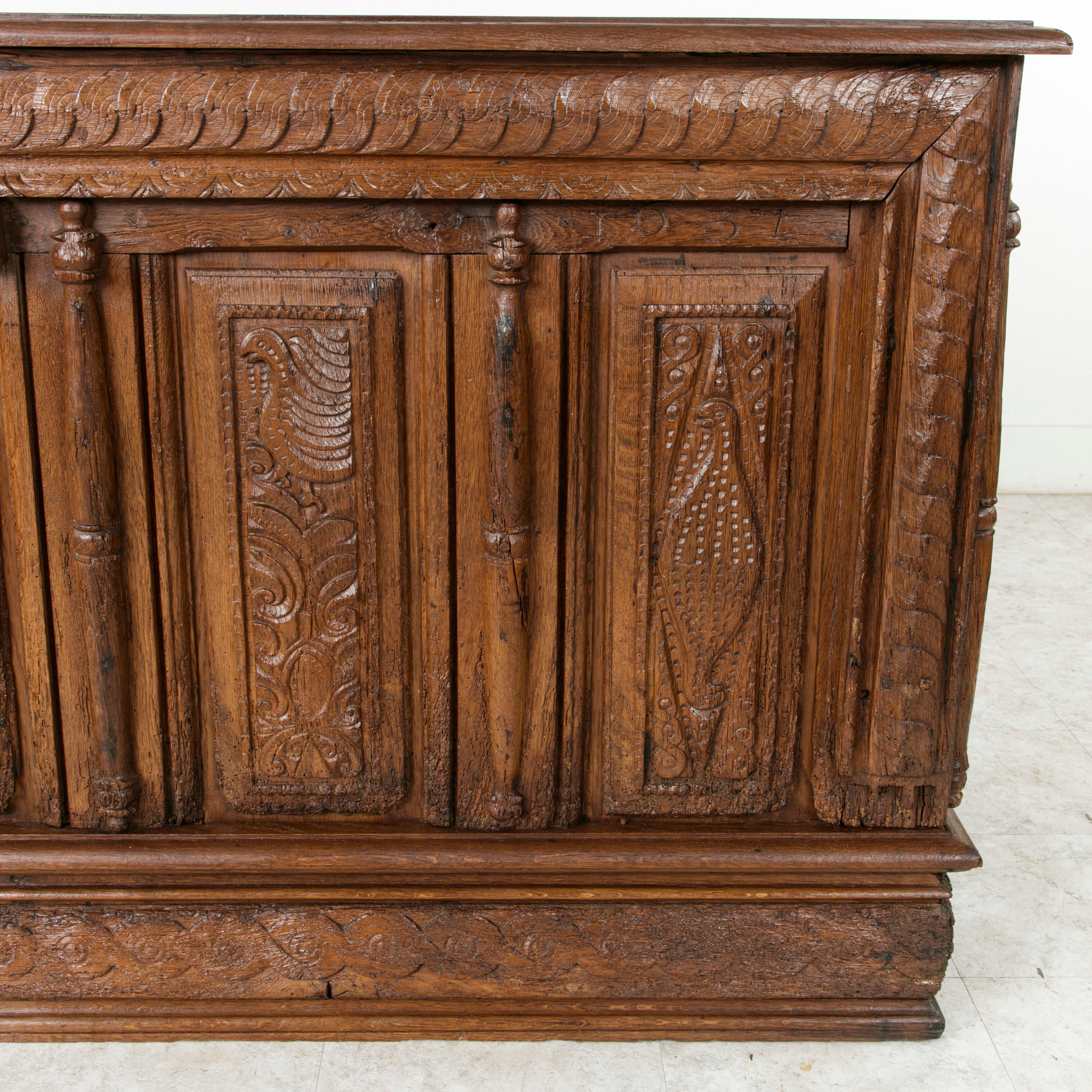 Large French Louis XIII Period Hand Carved Oak Coffer, Desk, Counter, circa 1631 2
