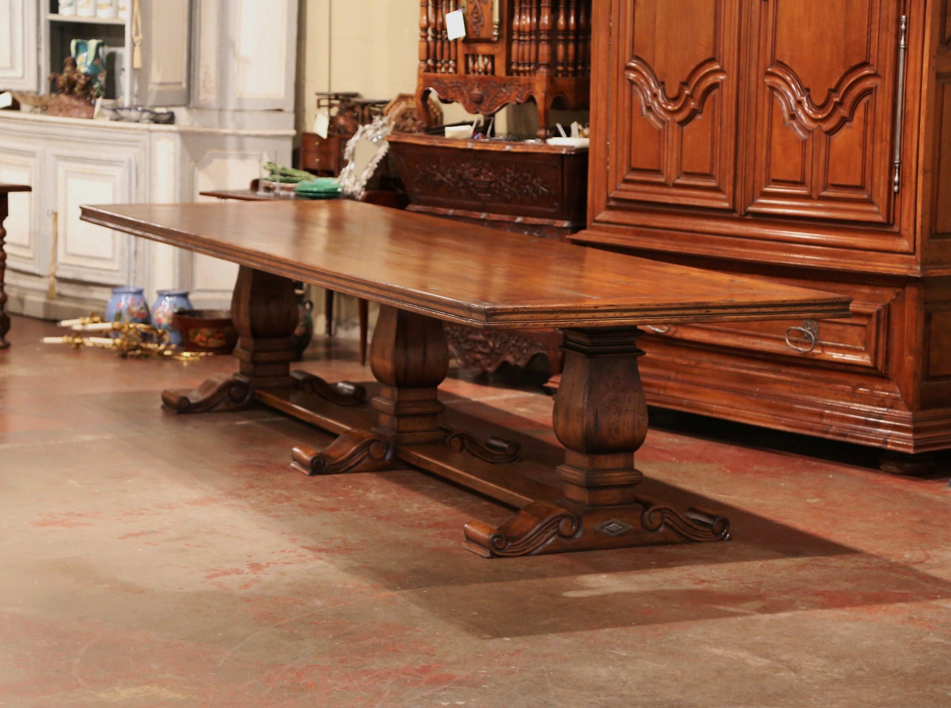Contemporary Large French Louis XIII Style Walnut Trestle Farm Table with Three Carved Legs