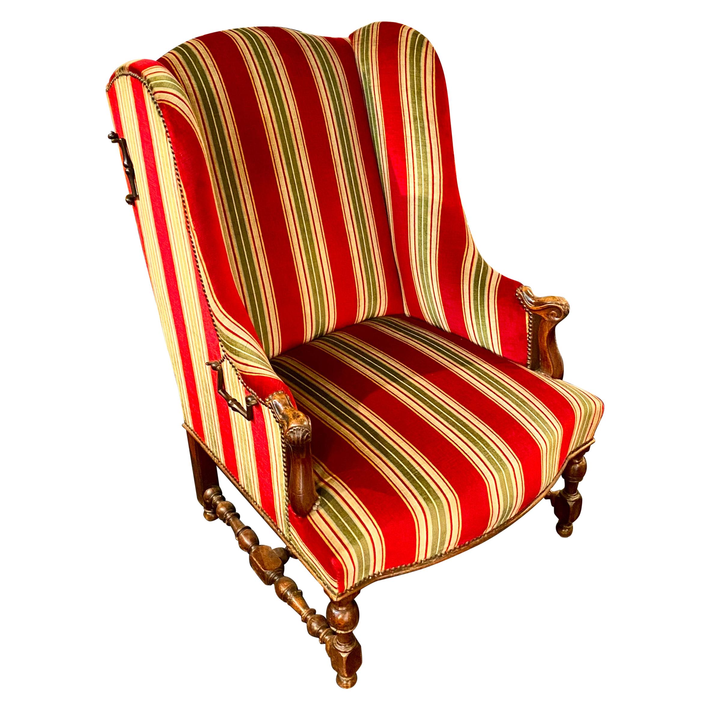 Large French Louis XIII Wingback Armchair, with Headrests, 18th-Century
