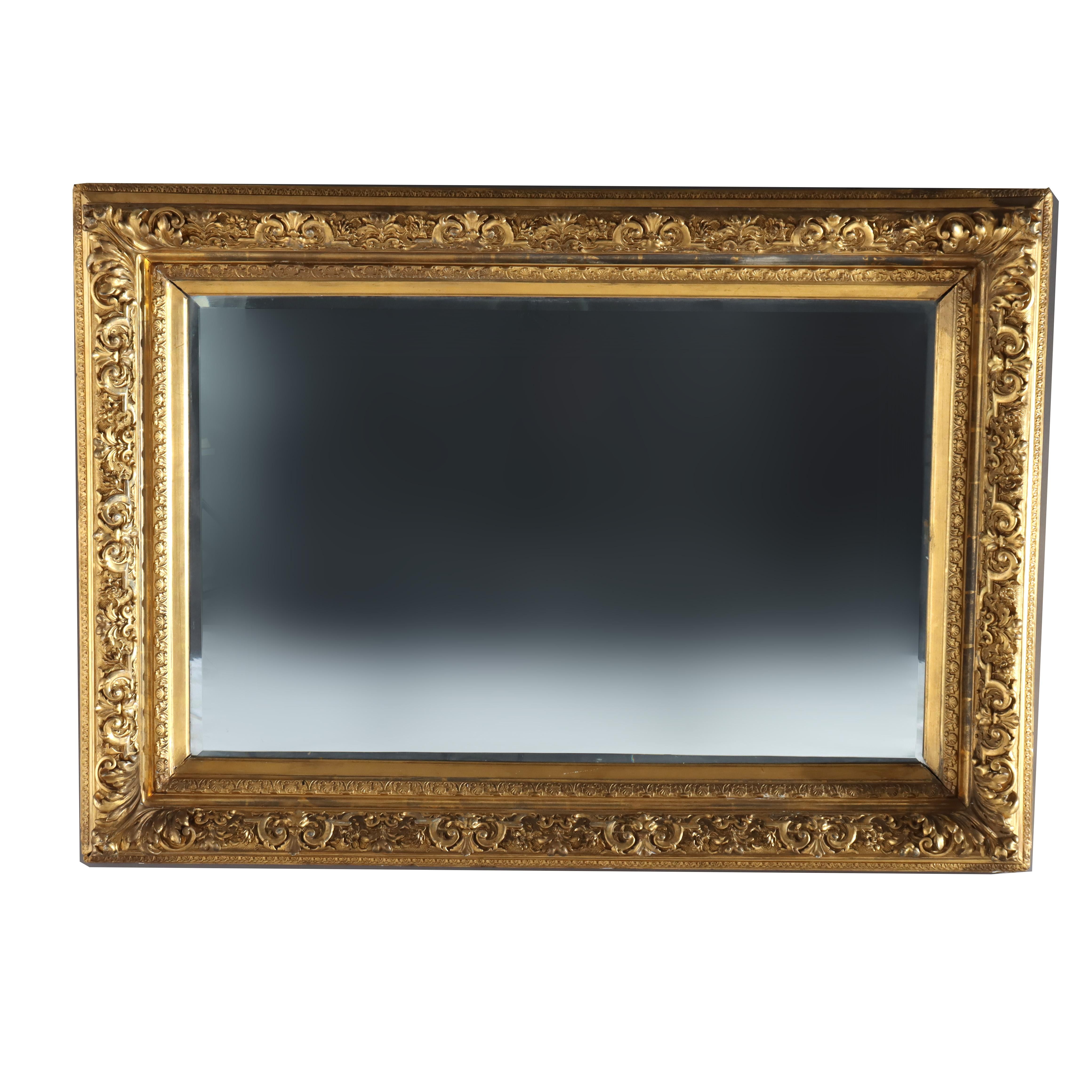 Large French Louis XIV Style Giltwood Framed Beveled Wall Mirror C1900 In Good Condition For Sale In Big Flats, NY