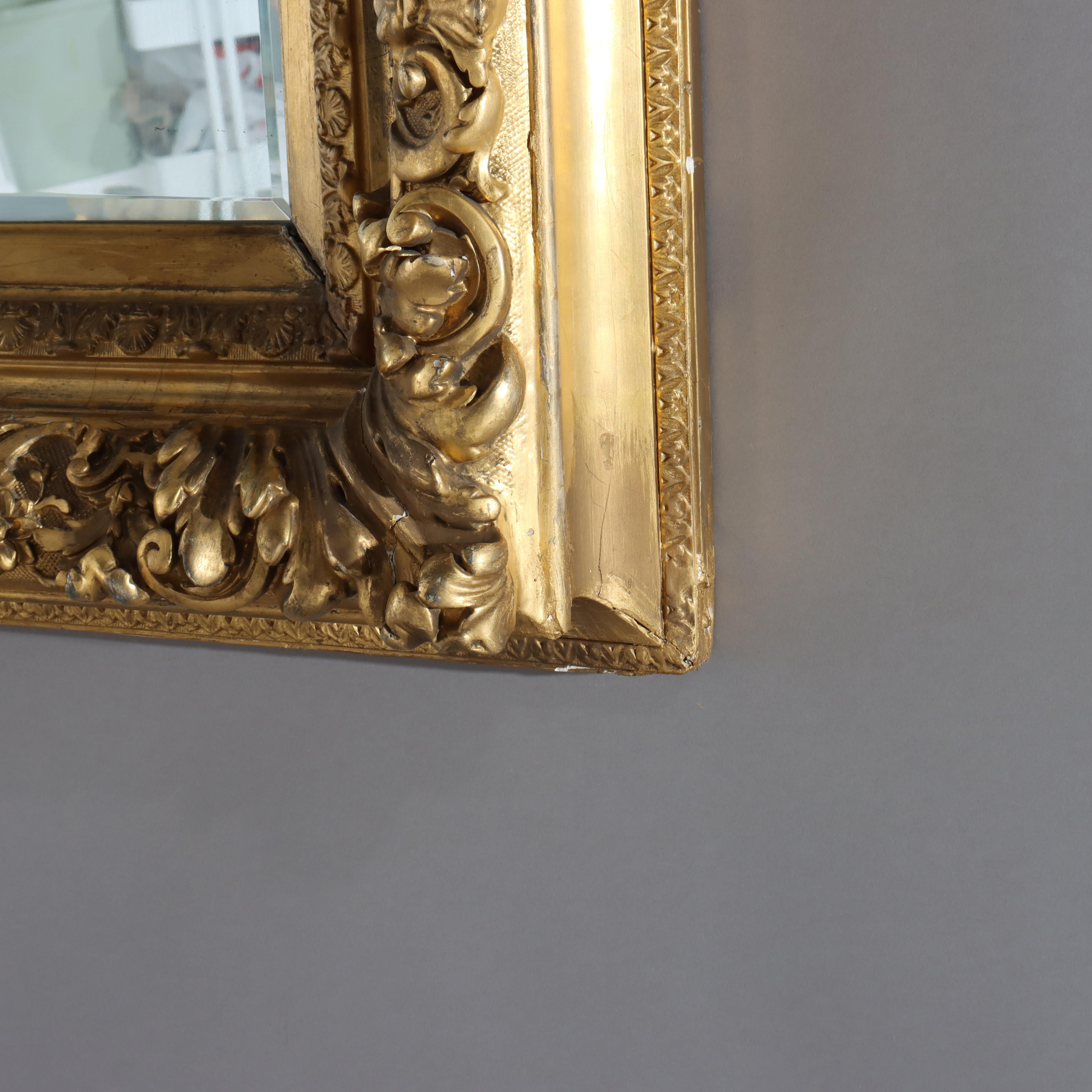 Large French Louis XIV Style Giltwood Framed Beveled Wall Mirror C1900 For Sale 1