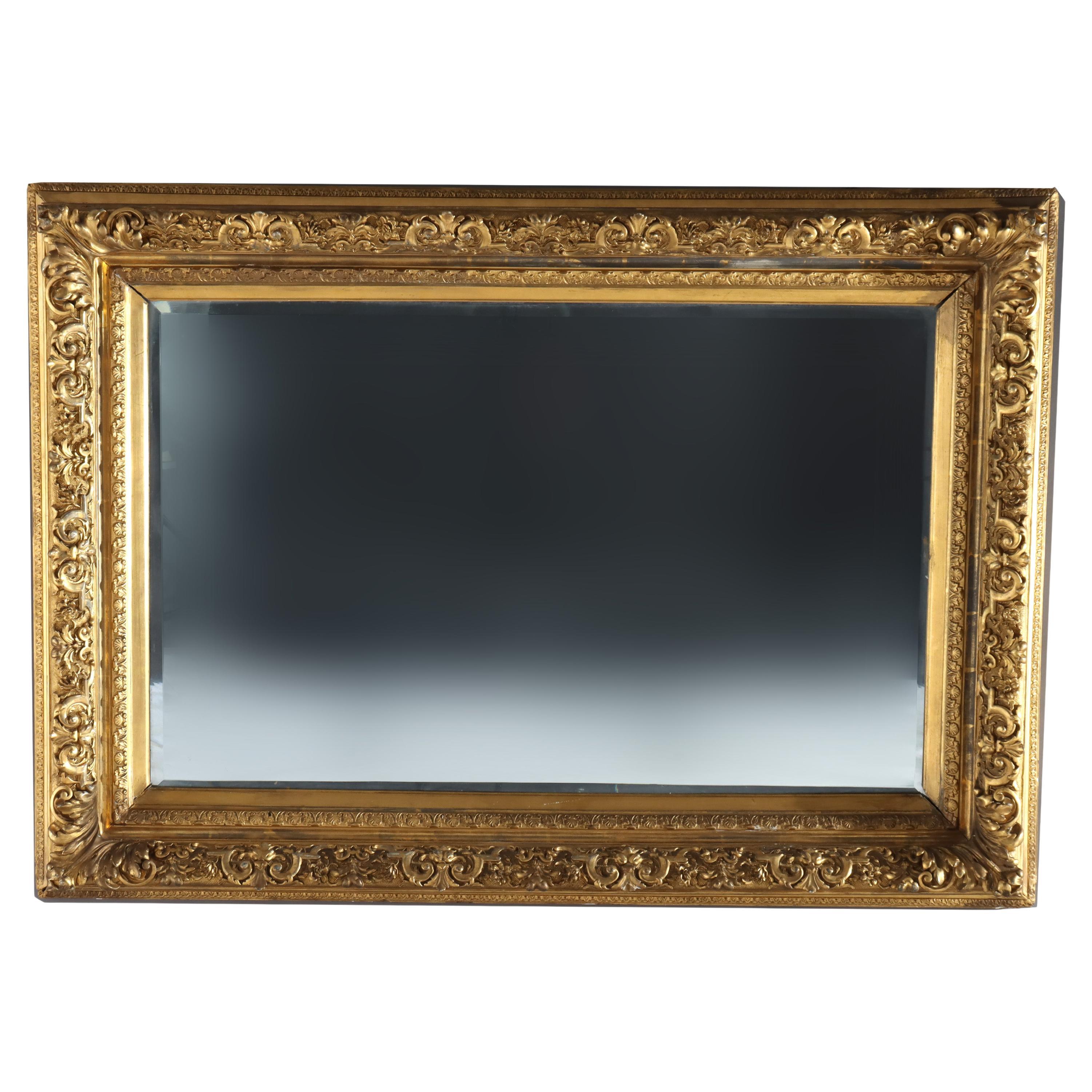 Large French Louis XIV Style Giltwood Framed Beveled Wall Mirror C1900 For Sale