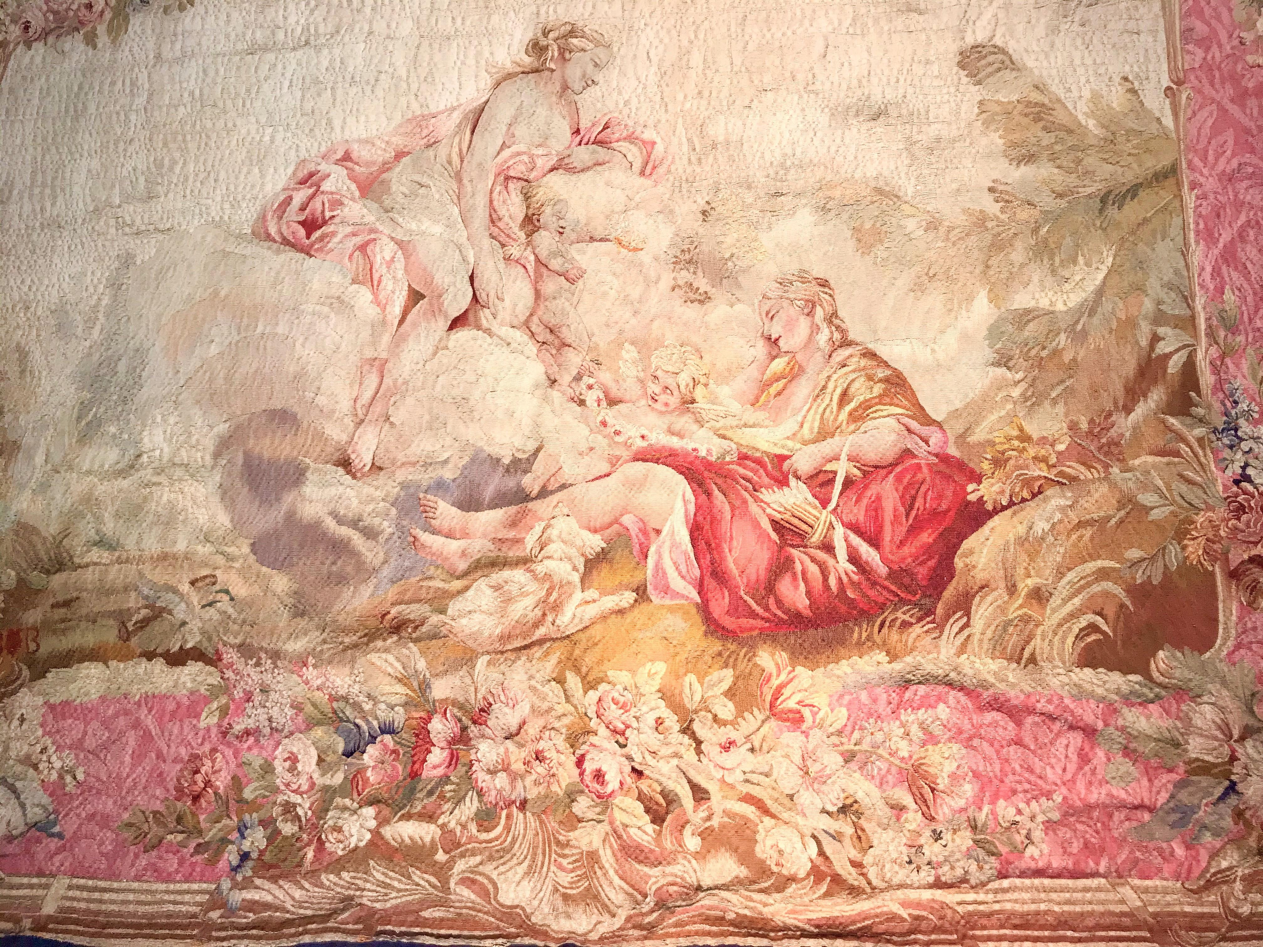  Large, tightly woven in Pompadour pink with floral festoons and garlands (an Aubusson feel ) encasing allegorical figure possibly after Fragonard's Diana and Endymion ( as an adaptation ) .BvB (Beauvais ) woven in lower scenic panel (photograph )..