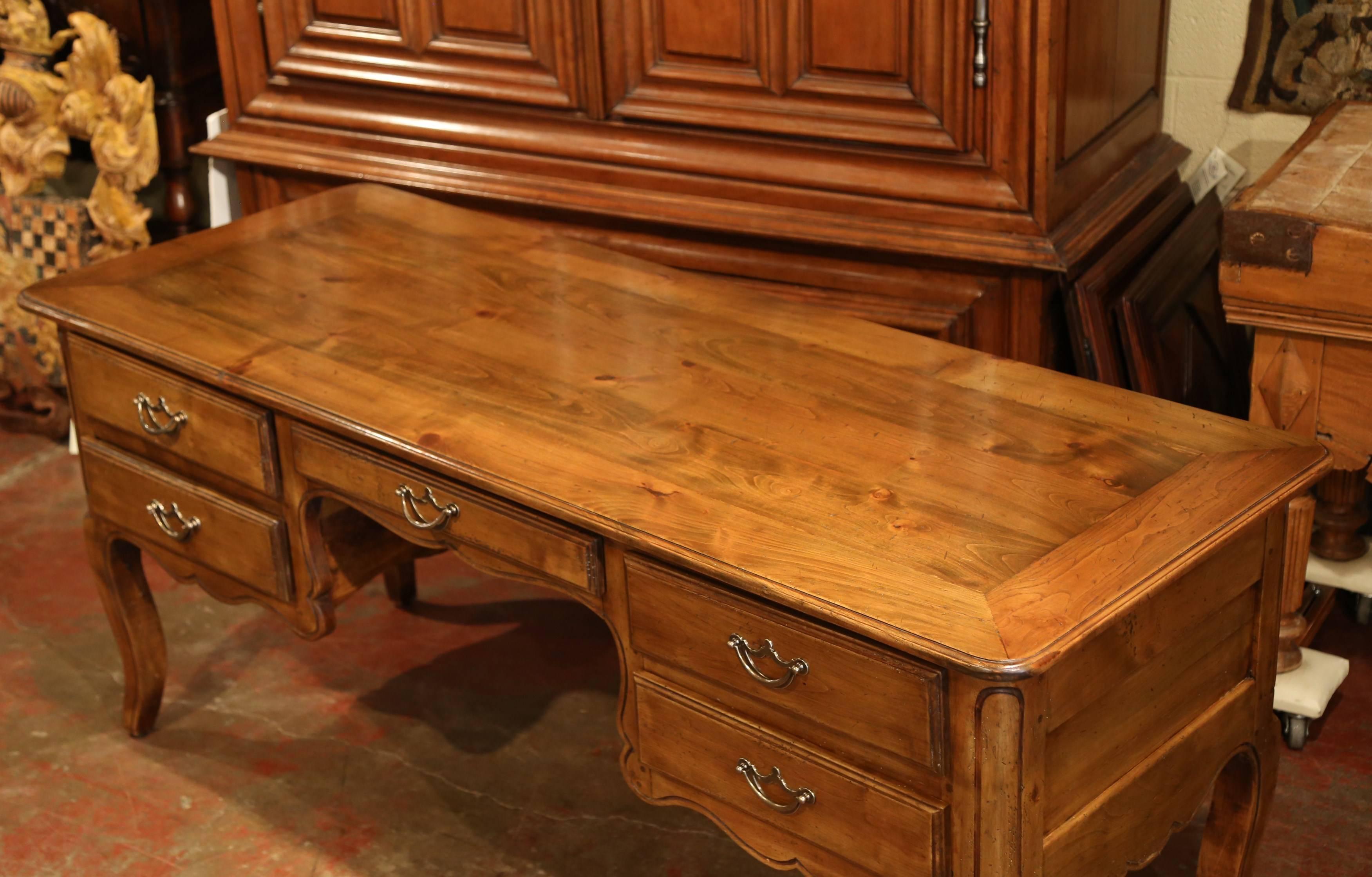 Hand-Carved Large French Louis XV Carved Cherry Desk with Five Drawers