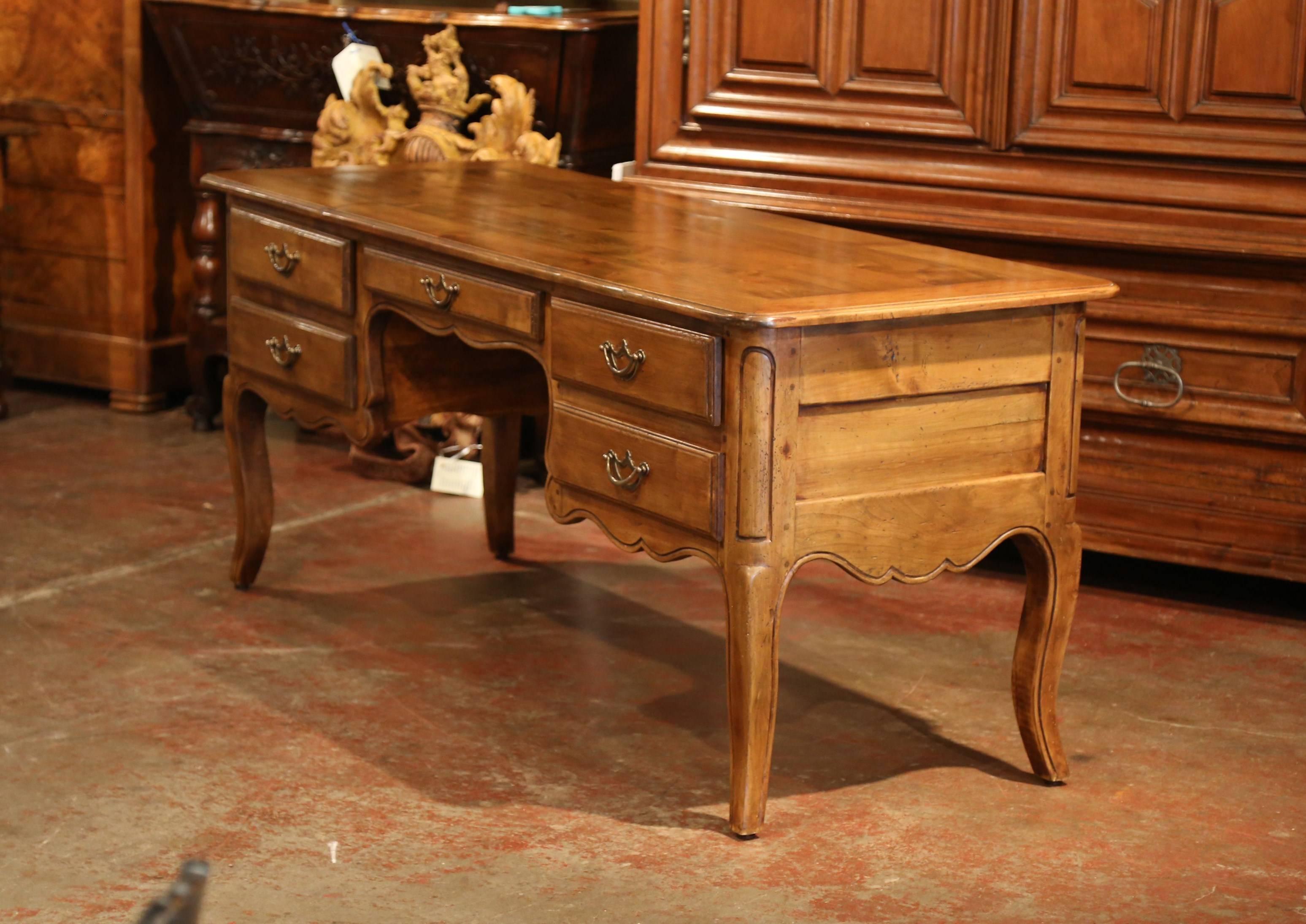Large French Louis XV Carved Cherry Desk with Five Drawers In Excellent Condition In Dallas, TX