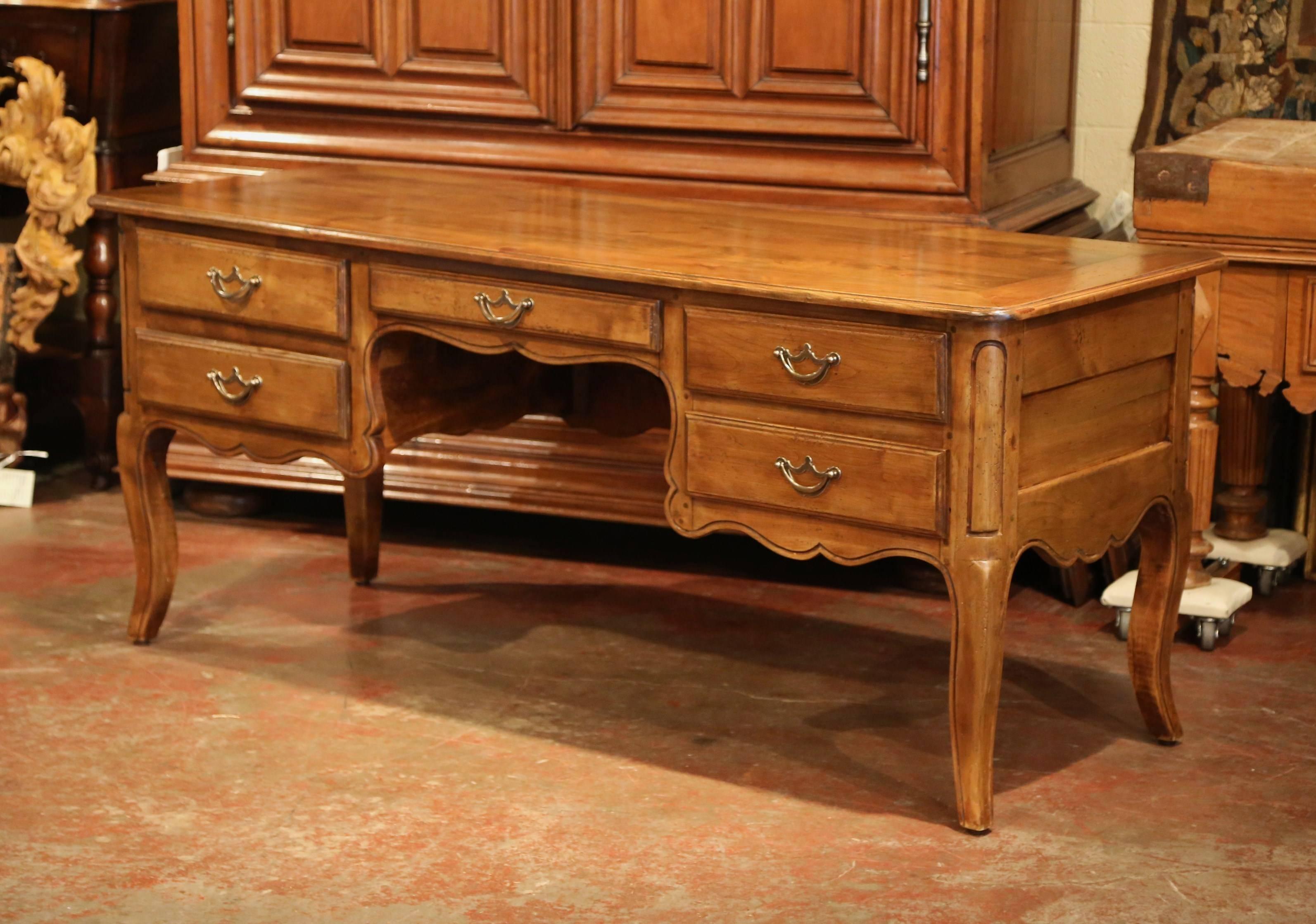 Brass Large French Louis XV Carved Cherry Desk with Five Drawers