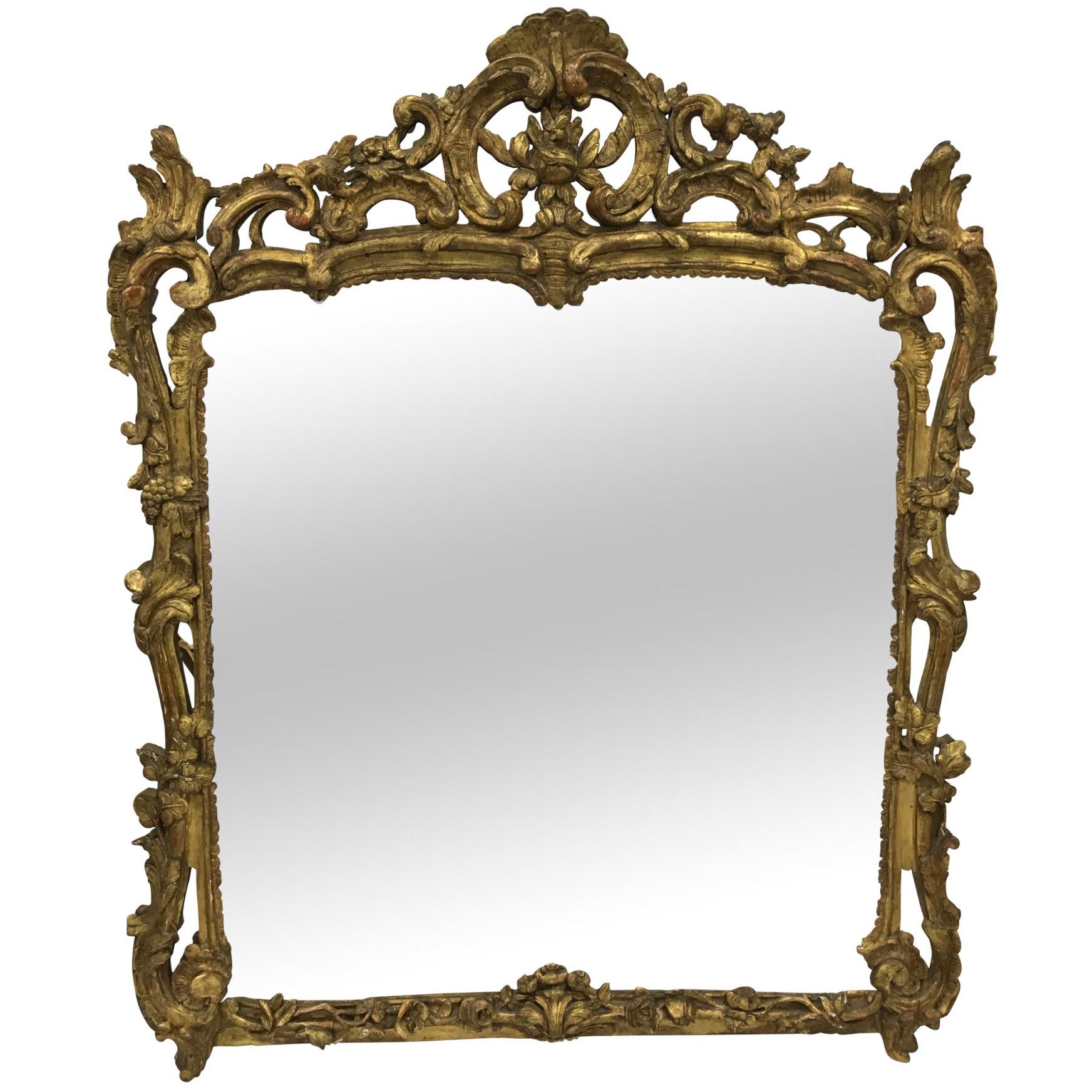 Large French Louis XV Mirror with Carved Wood and Gilded Frame For Sale