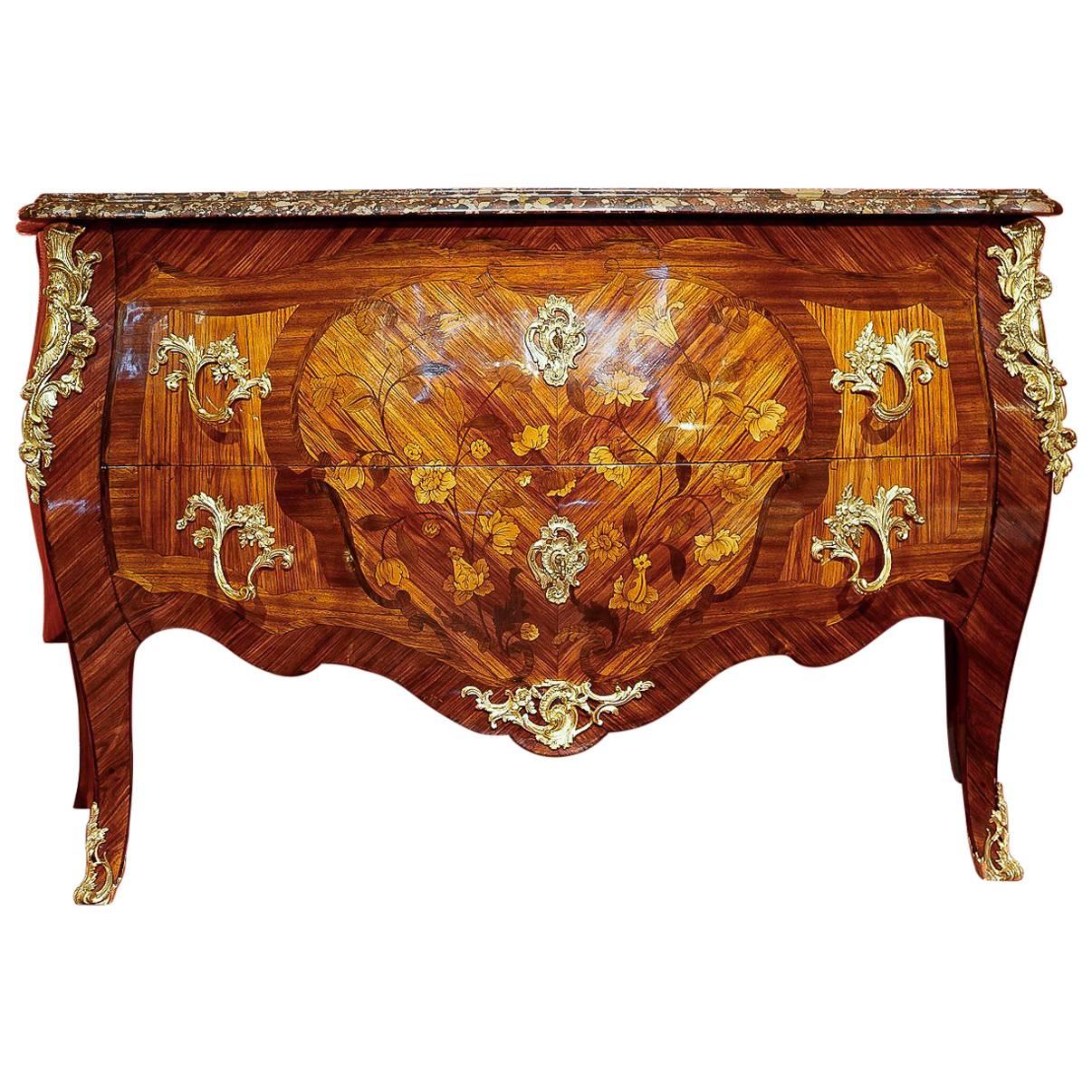 Large French Louis XV Style Commode with Floral Marquetry, circa 1850