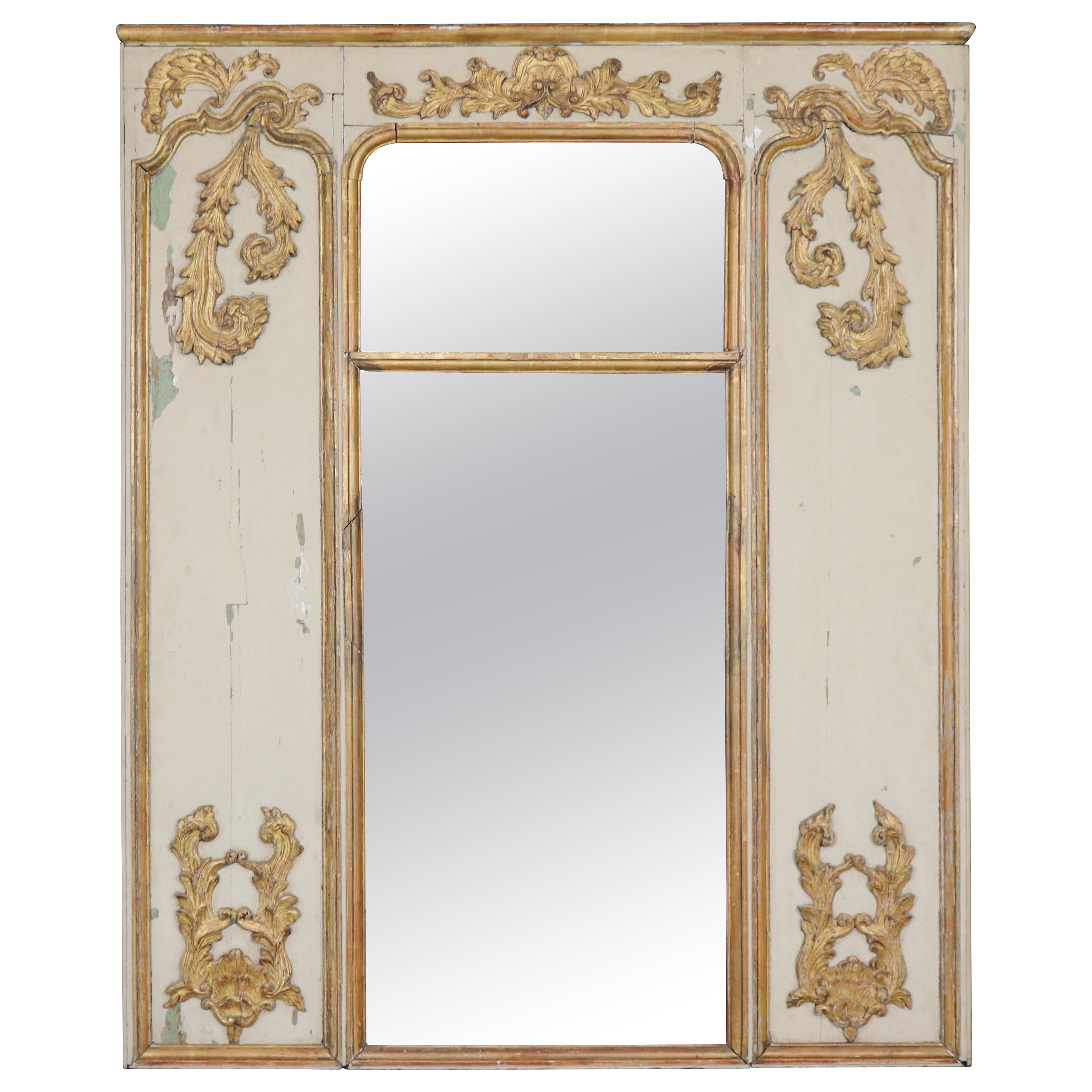 Large French Louis XV Style Parcel Gilt Trumeau Mirror Impressive Design