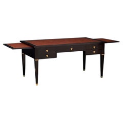 Large French Louis XVI Ebonized Writing Table or Desk with Embossed Leather Top