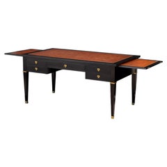 Large French Louis XVI Ebonized Writing Table or Desk with Embossed Leather Top