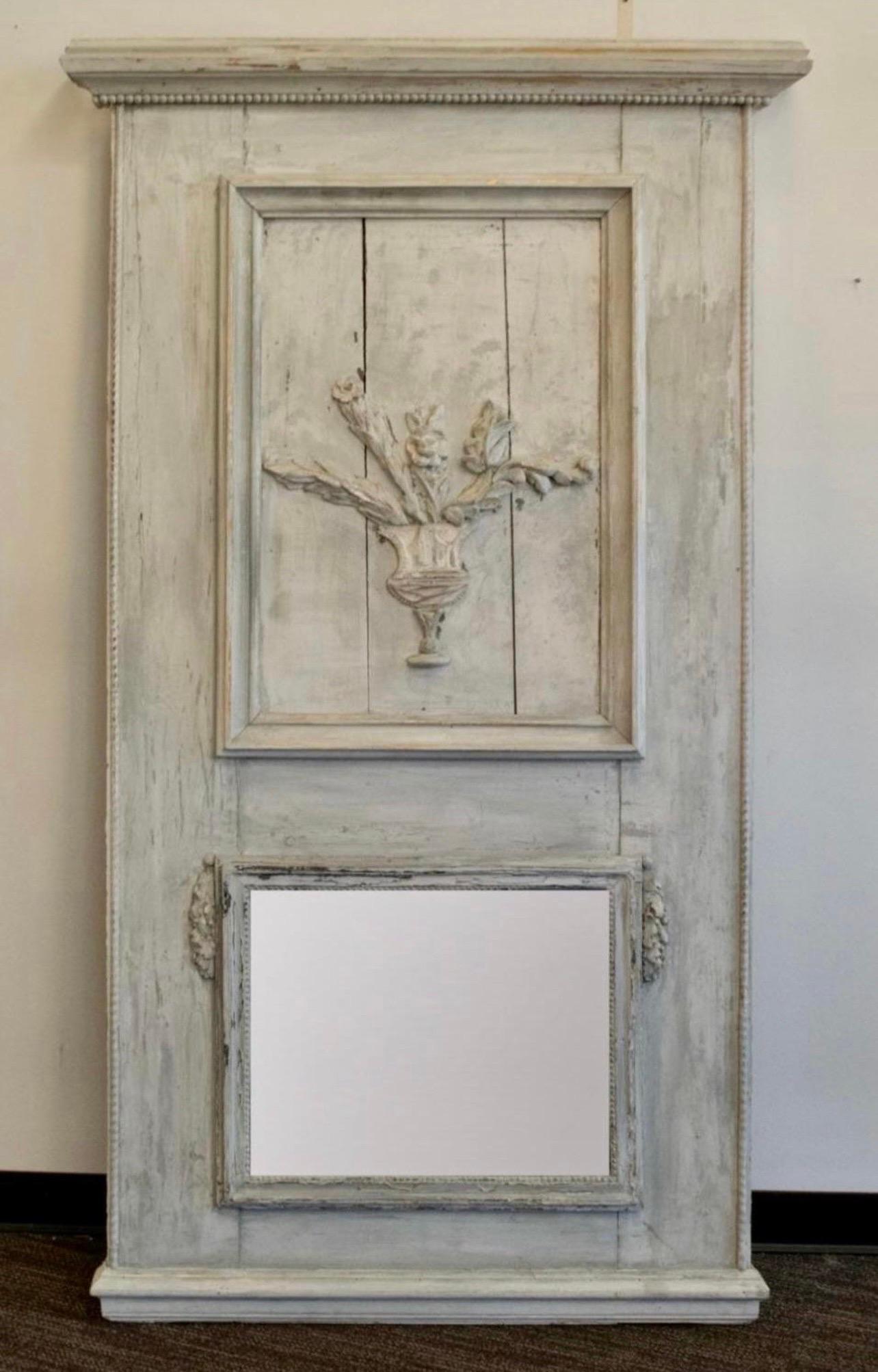 Large French Louis XVI Hand Painted Gray Trumeau Mirror For Sale 3