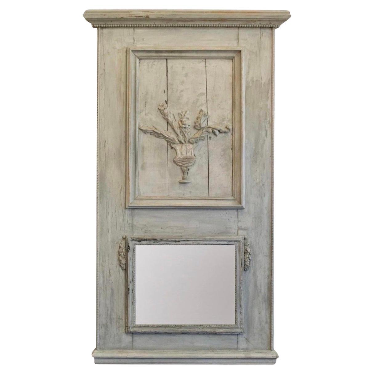 Large French Louis XVI Hand Painted Gray Trumeau Mirror For Sale