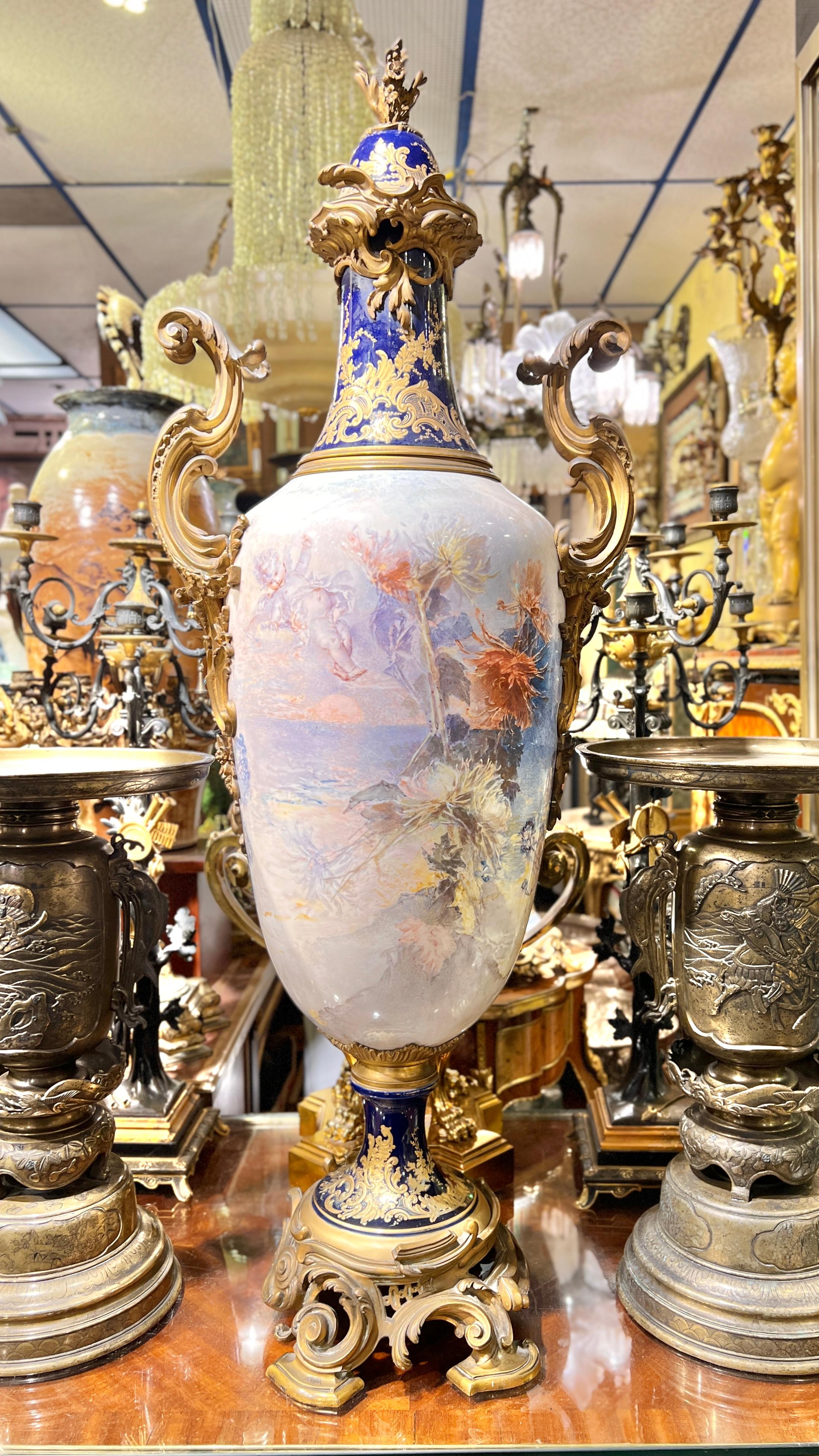Large French Louis XVI Sevres Style Gilt Bronze Porcelain Vase For Sale 8