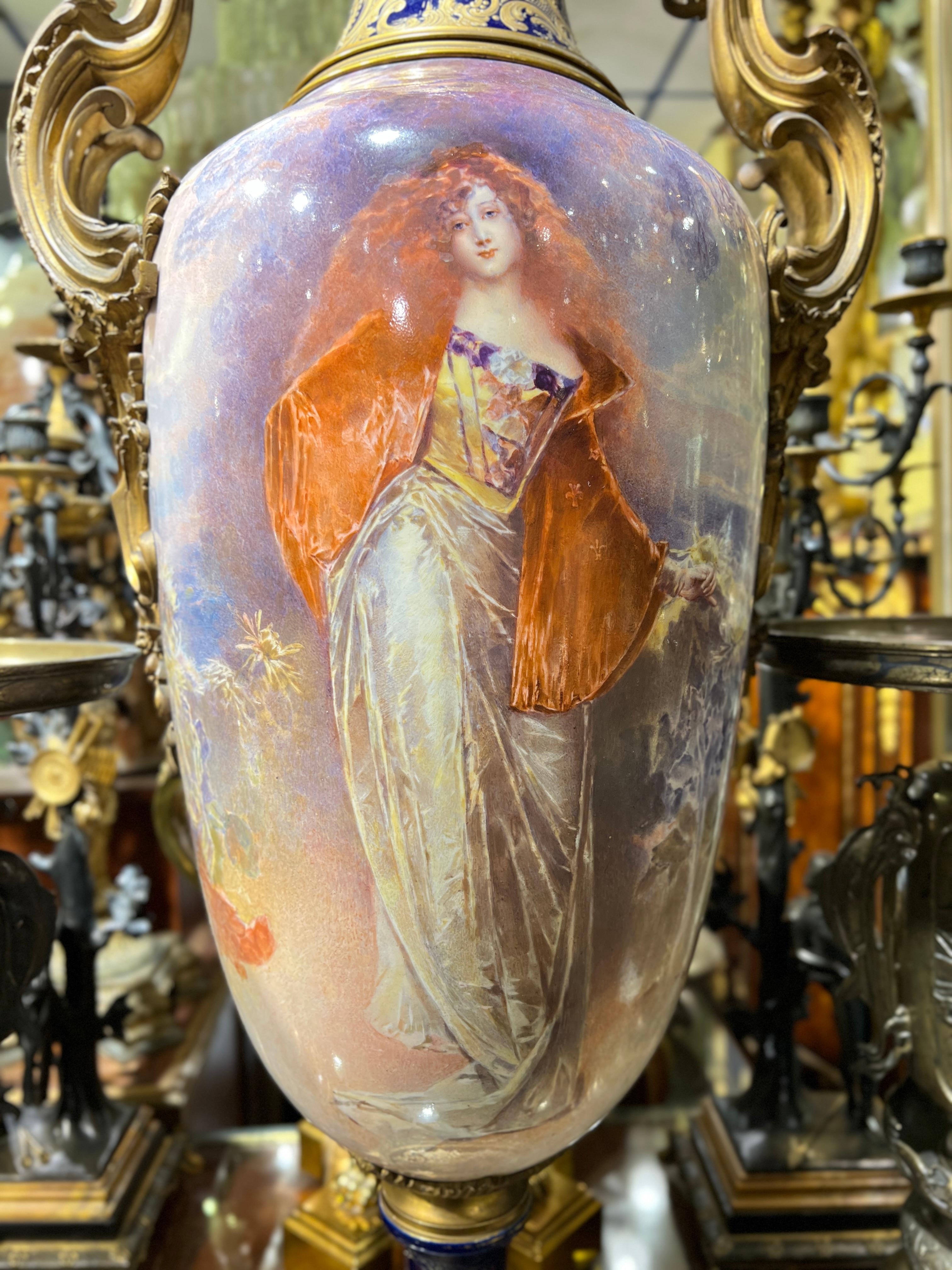Large French Louis XVI Sevres Style Gilt Bronze Porcelain Vase In Good Condition For Sale In New York, NY