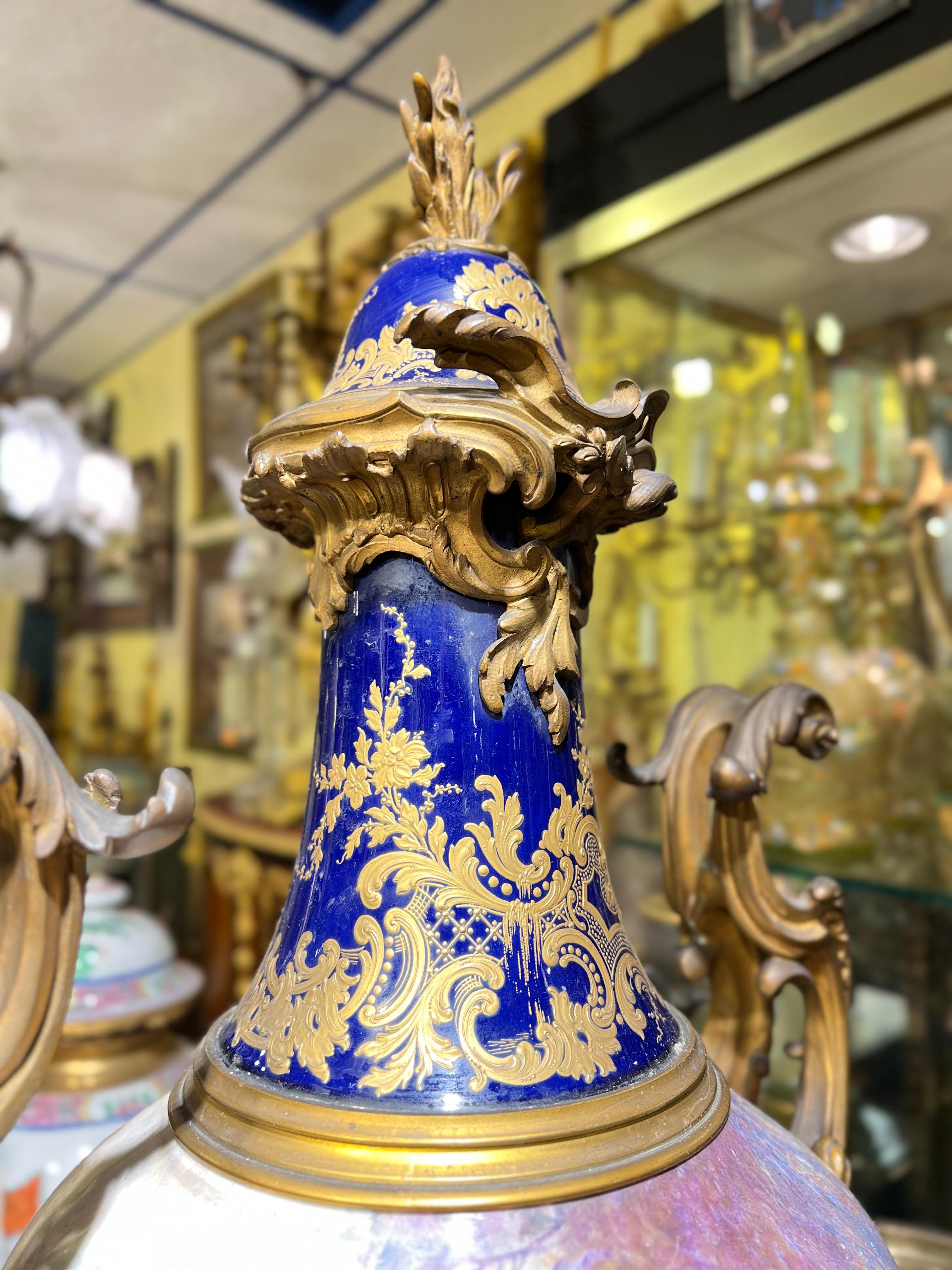 Large French Louis XVI Sevres Style Gilt Bronze Porcelain Vase For Sale 1