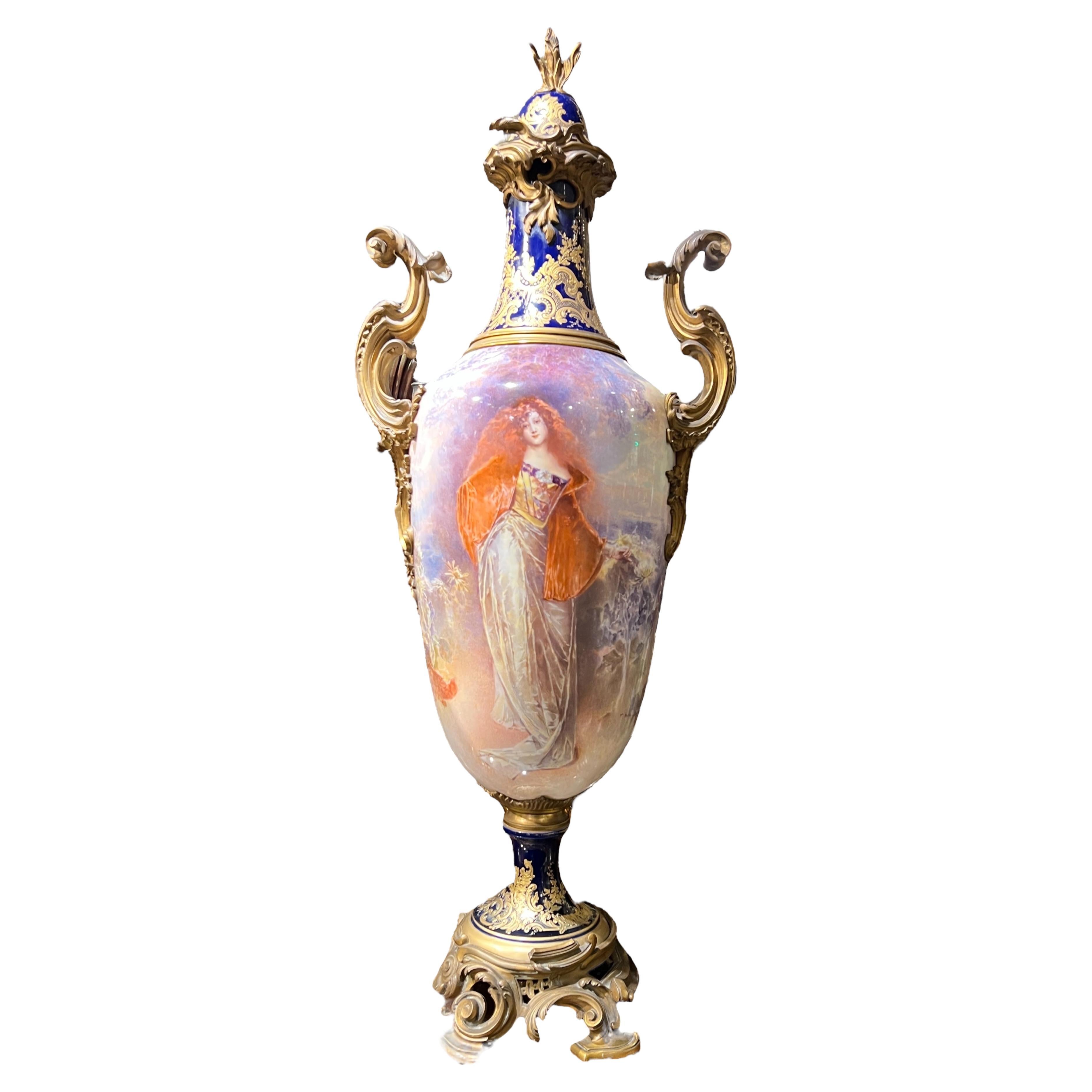 Large French Louis XVI Sevres Style Gilt Bronze Porcelain Vase For Sale