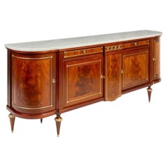 Large French Louis XVI Style Demilune Enfilade Sideboard Buffet, Marble Top