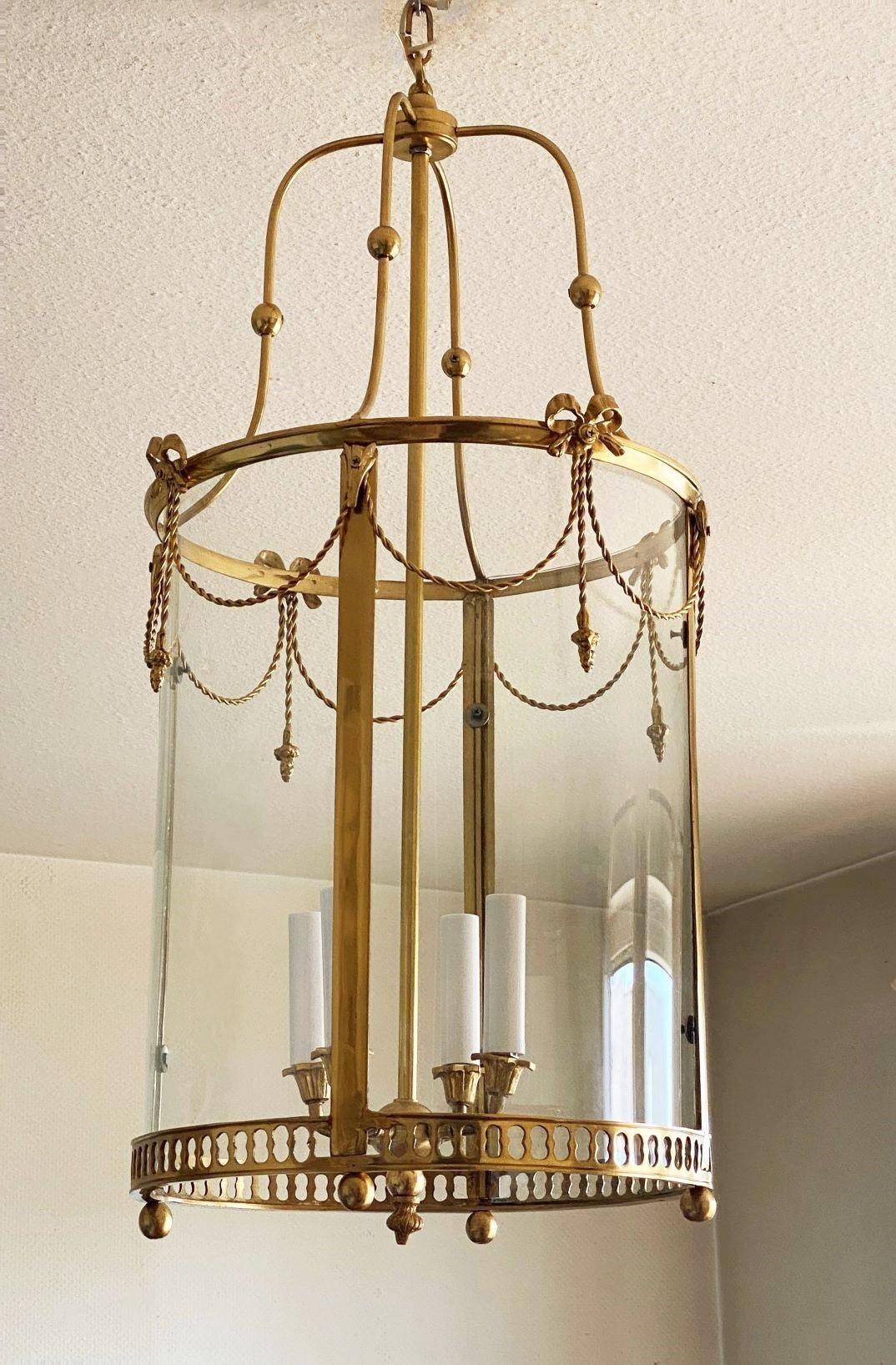 Large French Louis XVI Style Gilt Bronze Crystal Four-Light Lantern, 1920-1930 For Sale 9
