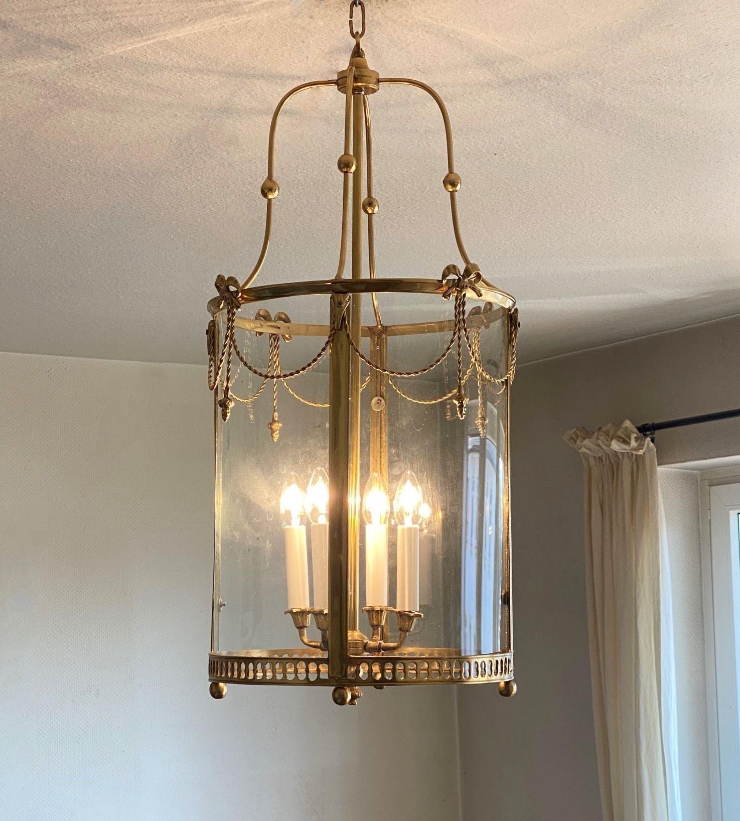 Large French Louis XVI Style Gilt Bronze Crystal Four-Light Lantern, 1920-1930 For Sale 8