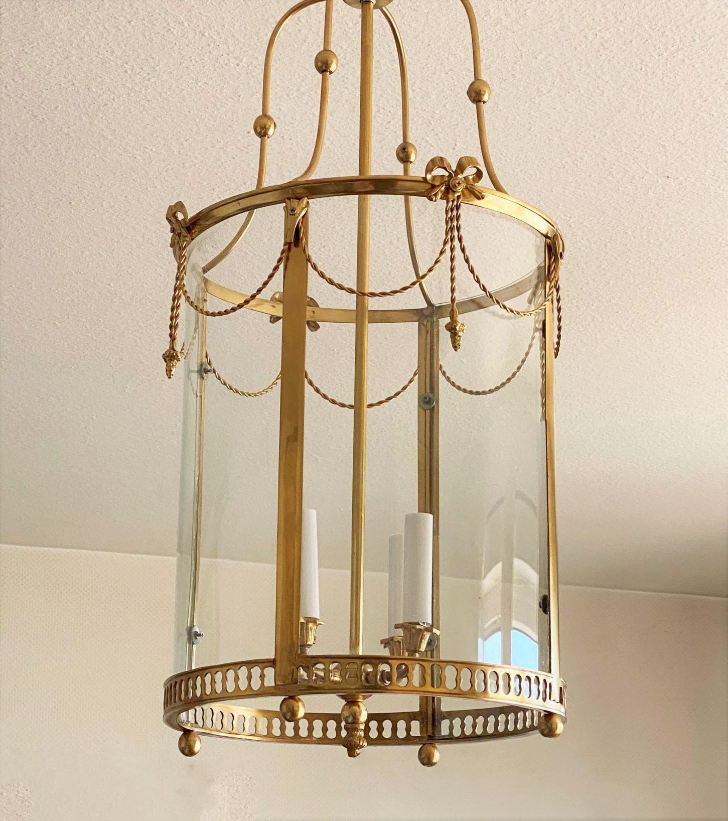 Large French Louis XVI Style Gilt Bronze Crystal Four-Light Lantern, 1920-1930 For Sale 11