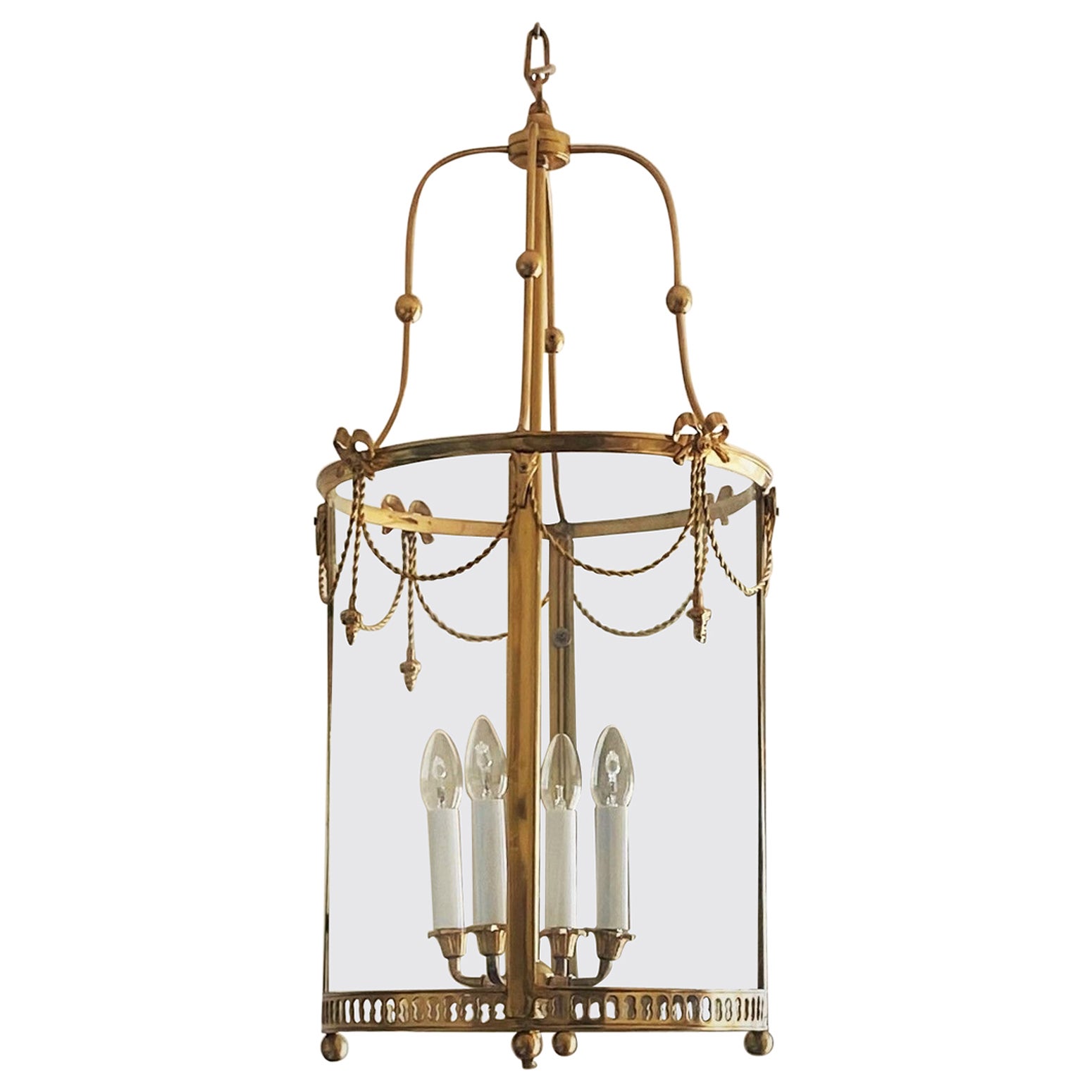 Large French Louis XVI Style Gilt Bronze Crystal Four-Light Lantern, 1920-1930 For Sale 11