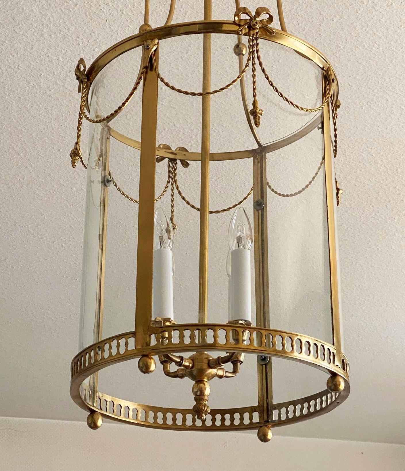 Brass Large French Louis XVI Style Gilt Bronze Crystal Four-Light Lantern, 1920-1930 For Sale