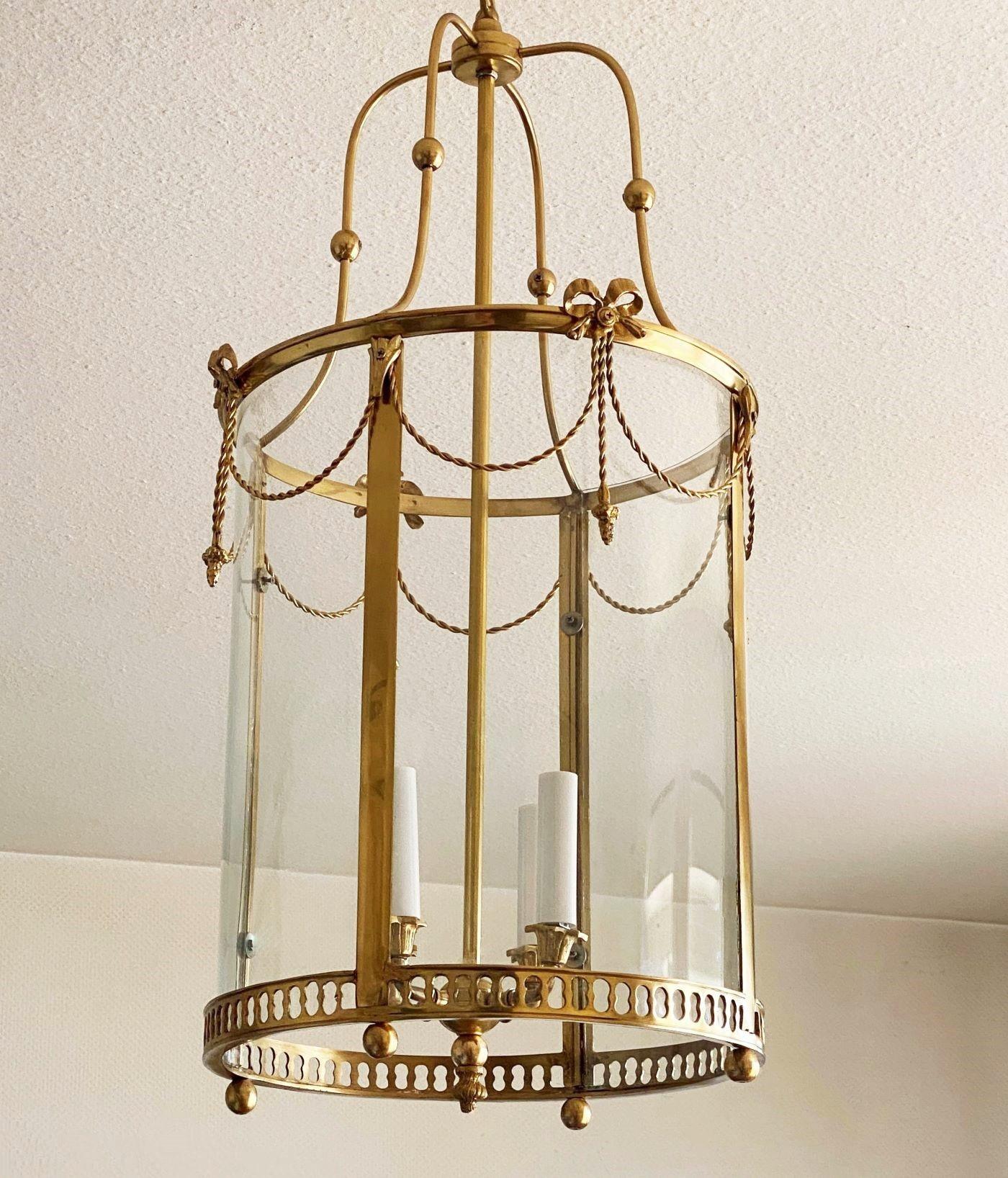 Large French Louis XVI Style Gilt Bronze Crystal Four-Light Lantern, 1920-1930 For Sale 3