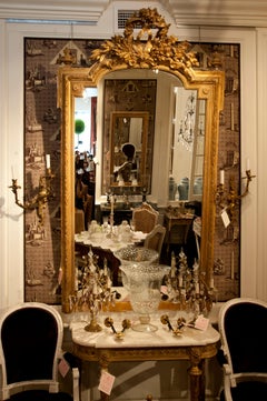 Large French Louis XVI Style Giltwood Mirror with Crown of Ribbon