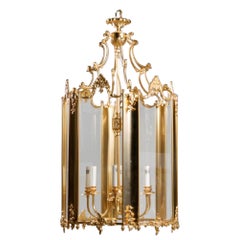 Large French Louis XVI Style Modern Multi Light Gilt Bronze and Glass Lantern