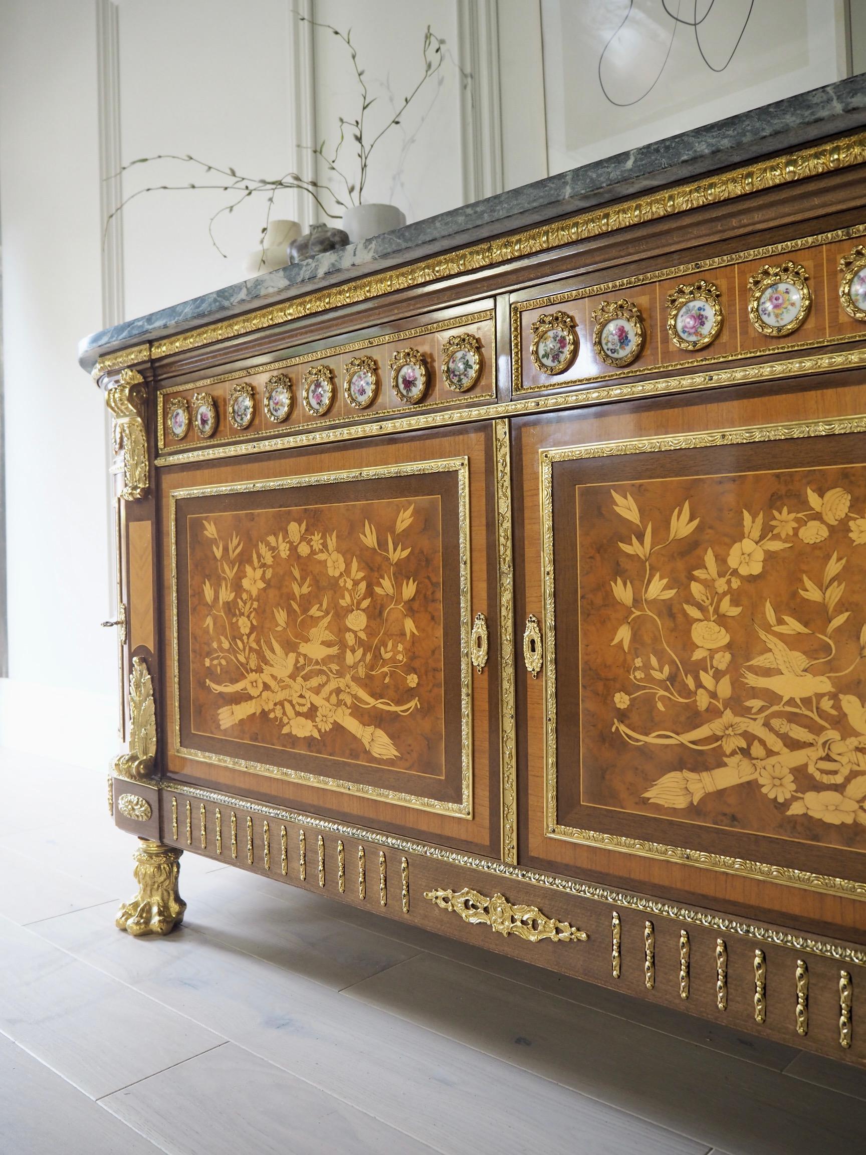 Large French Louis XVI Style Sideboard Bow Front Topped with Marble In Good Condition In Wolverhampton, GB