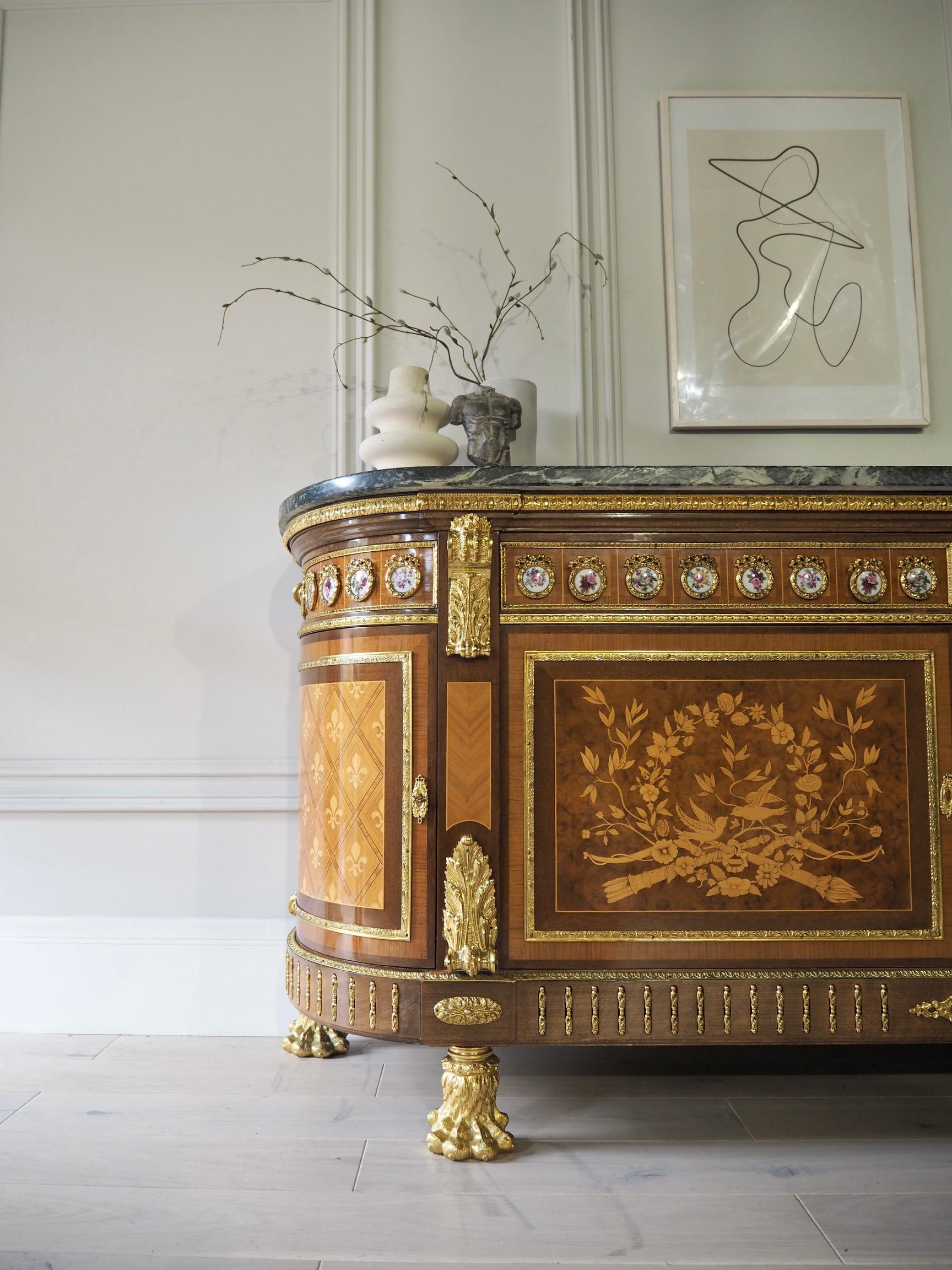 Large French Louis XVI Style Sideboard Bow Front Topped with Marble 2
