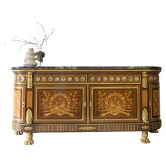 Large French Louis XVI Style Sideboard Bow Front Topped with Marble