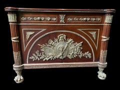 Large French Mahogany Empire Commode, Central Coats of Arms and Lion Paw Feet
