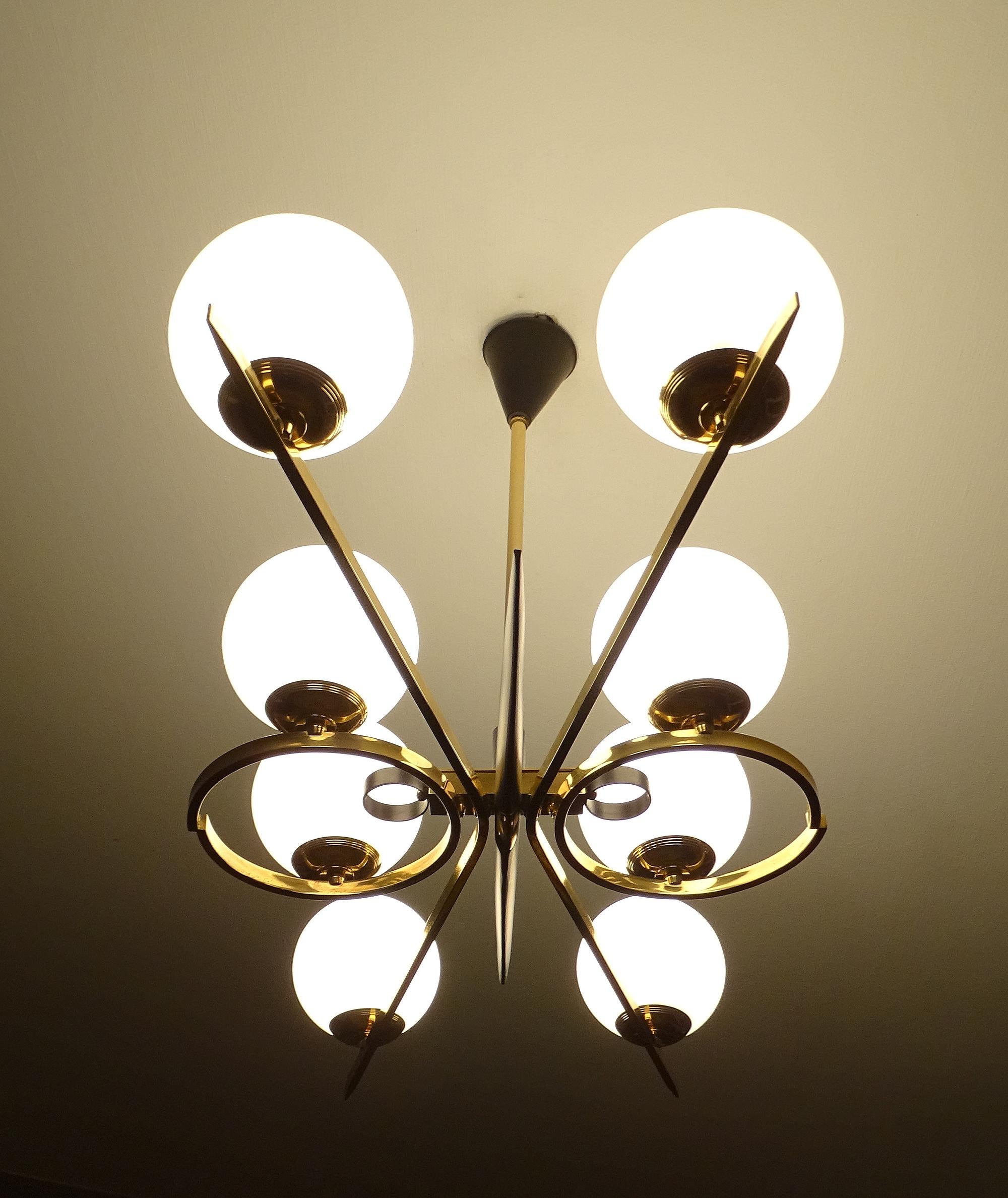  XXL French Mid Century Pendant Light,  Arlus, Glass Brass, Stilnovo Style, 60s For Sale 5
