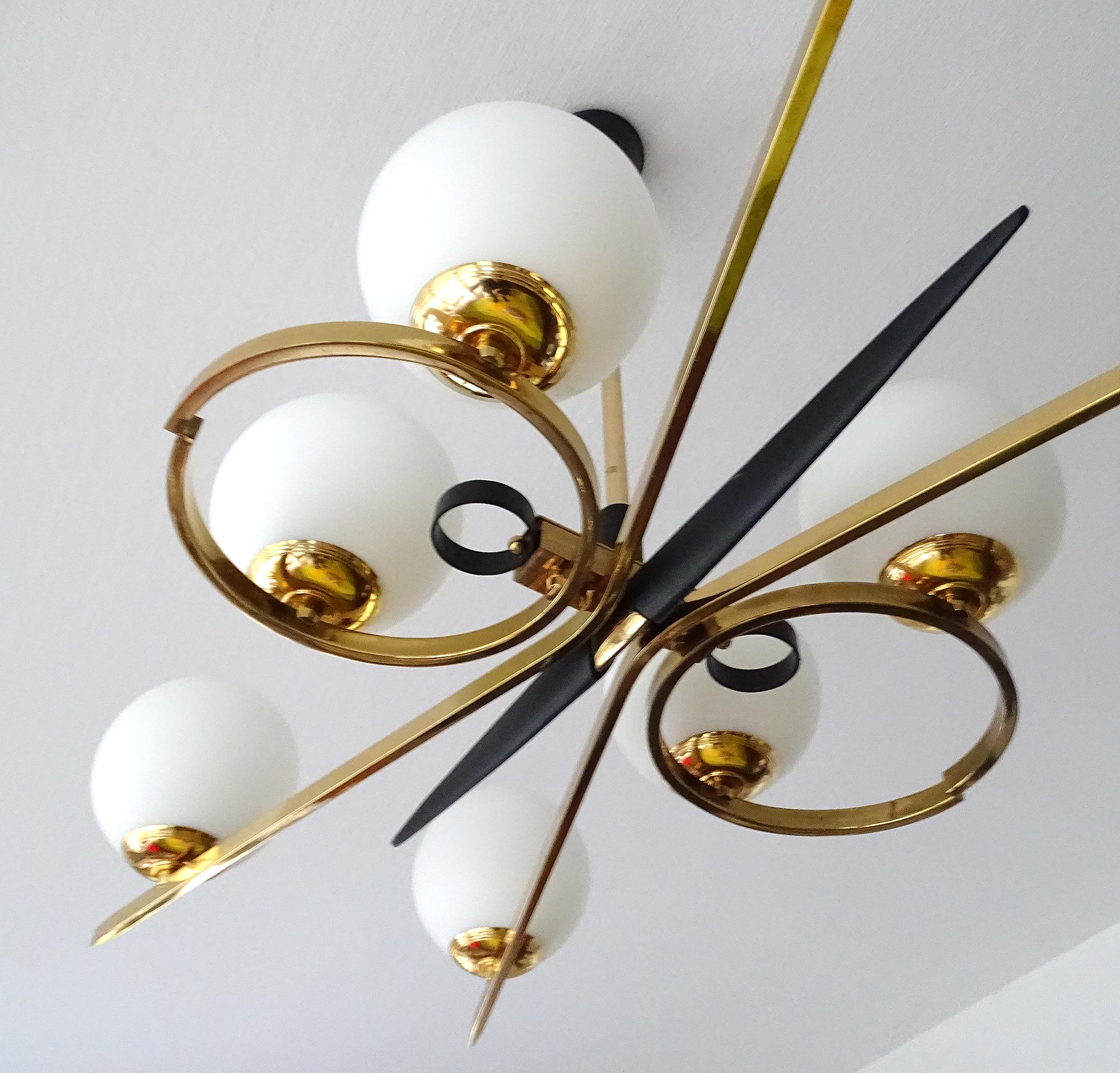  XXL French Mid Century Pendant Light,  Arlus, Glass Brass, Stilnovo Style, 60s For Sale 6