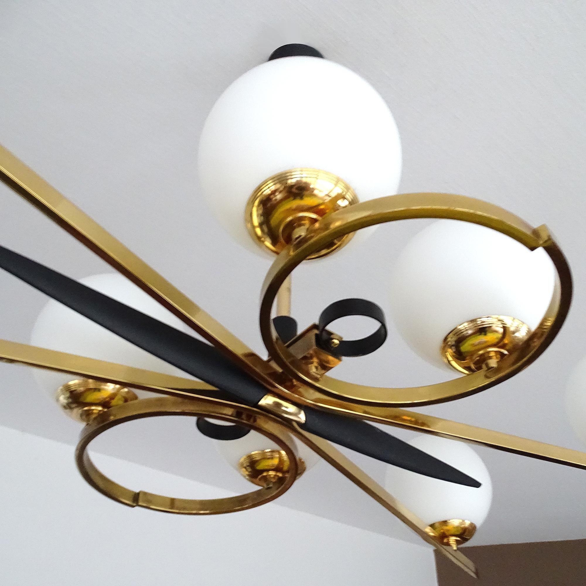  XXL French Mid Century Pendant Light,  Arlus, Glass Brass, Stilnovo Style, 60s For Sale 9