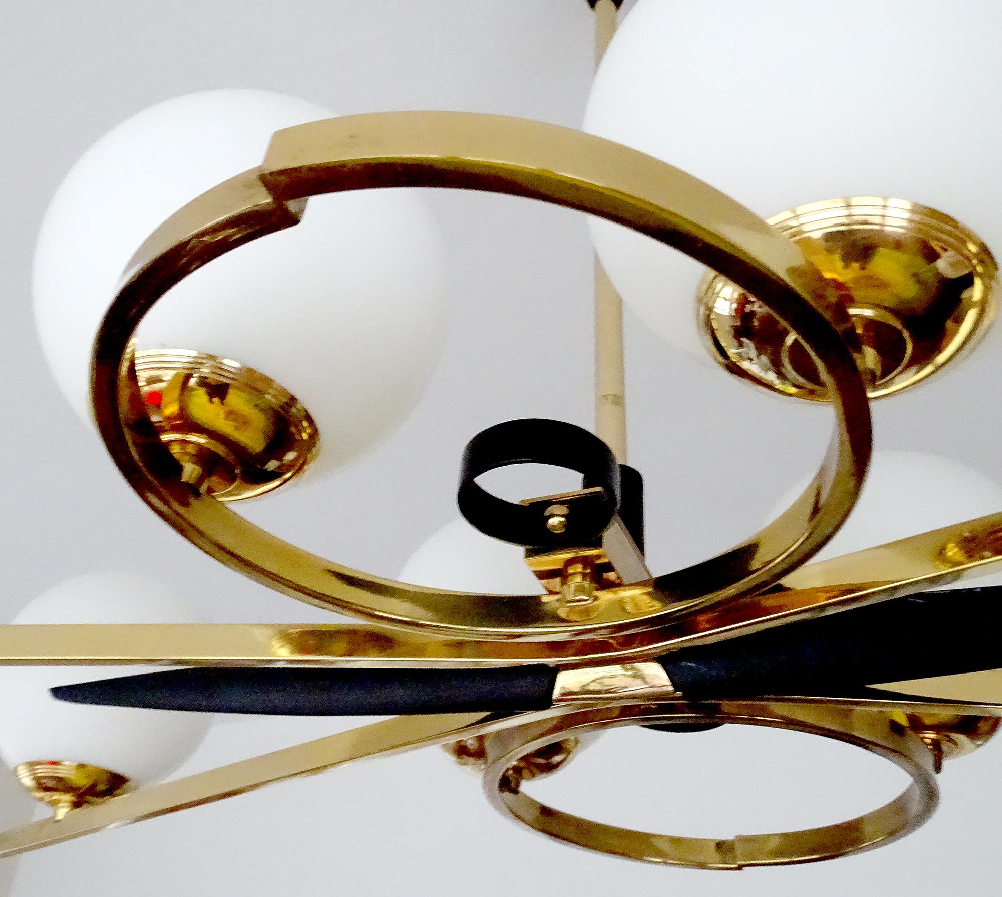  XXL French Mid Century Pendant Light,  Arlus, Glass Brass, Stilnovo Style, 60s For Sale 12