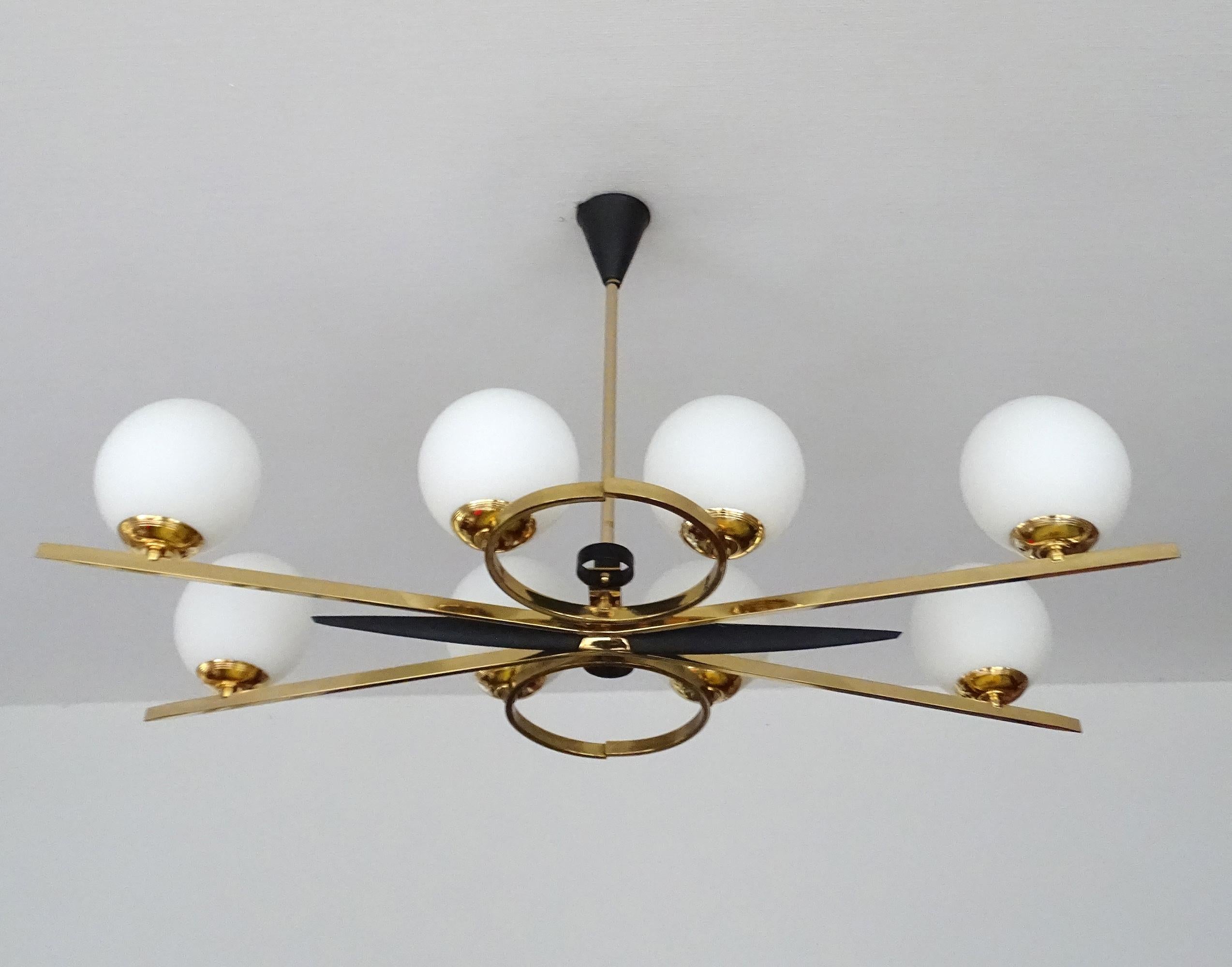 Mid-20th Century  XXL French Mid Century Pendant Light,  Arlus, Glass Brass, Stilnovo Style, 60s For Sale