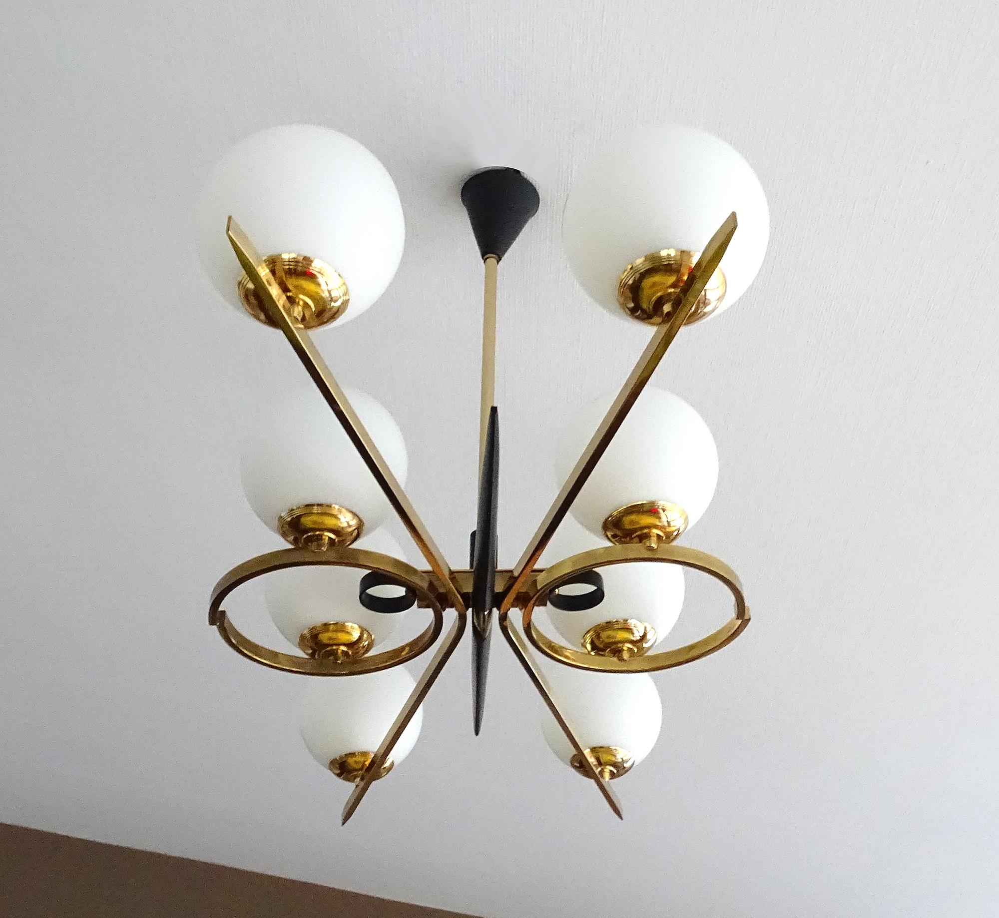  XXL French Mid Century Pendant Light,  Arlus, Glass Brass, Stilnovo Style, 60s For Sale 4