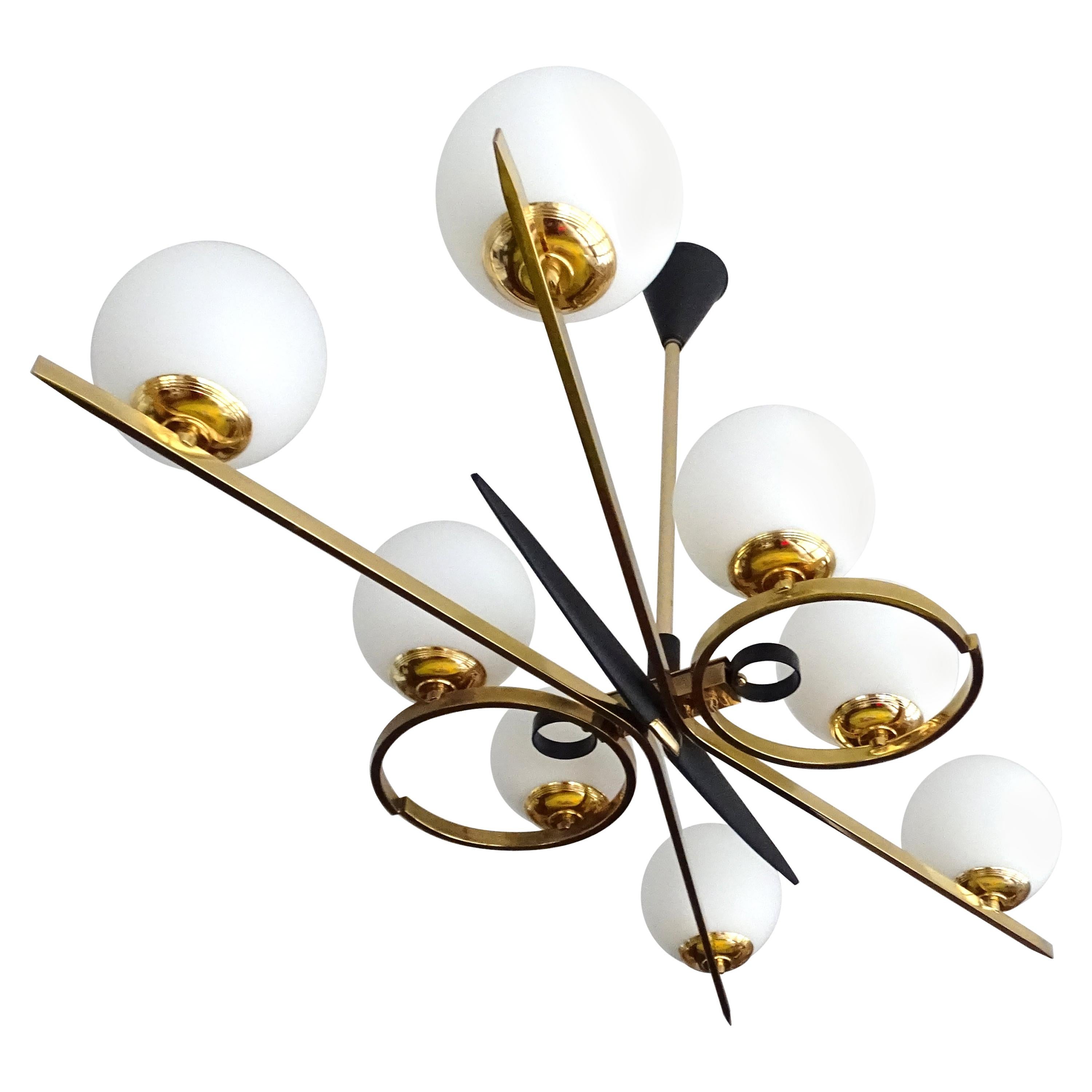  XXL French Mid Century Pendant Light,  Arlus, Glass Brass, Stilnovo Style, 60s For Sale