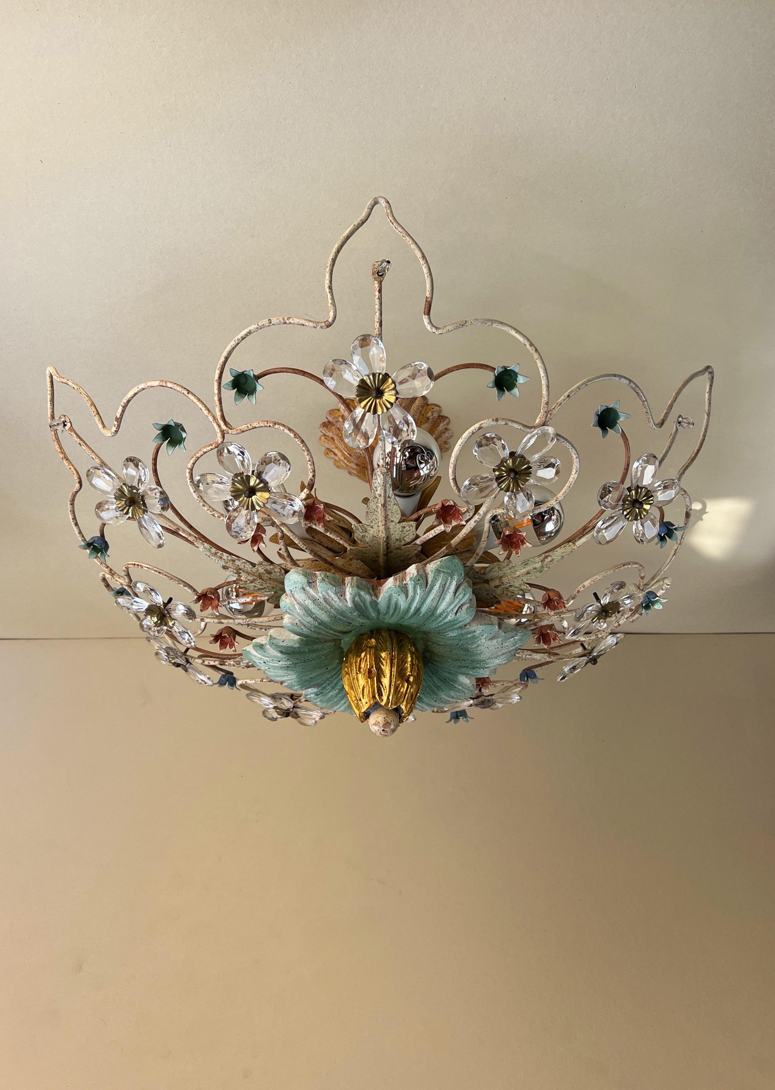 Large French Maison Bagués Gilt Flushmount with Crystal Prism Flowers For Sale 6