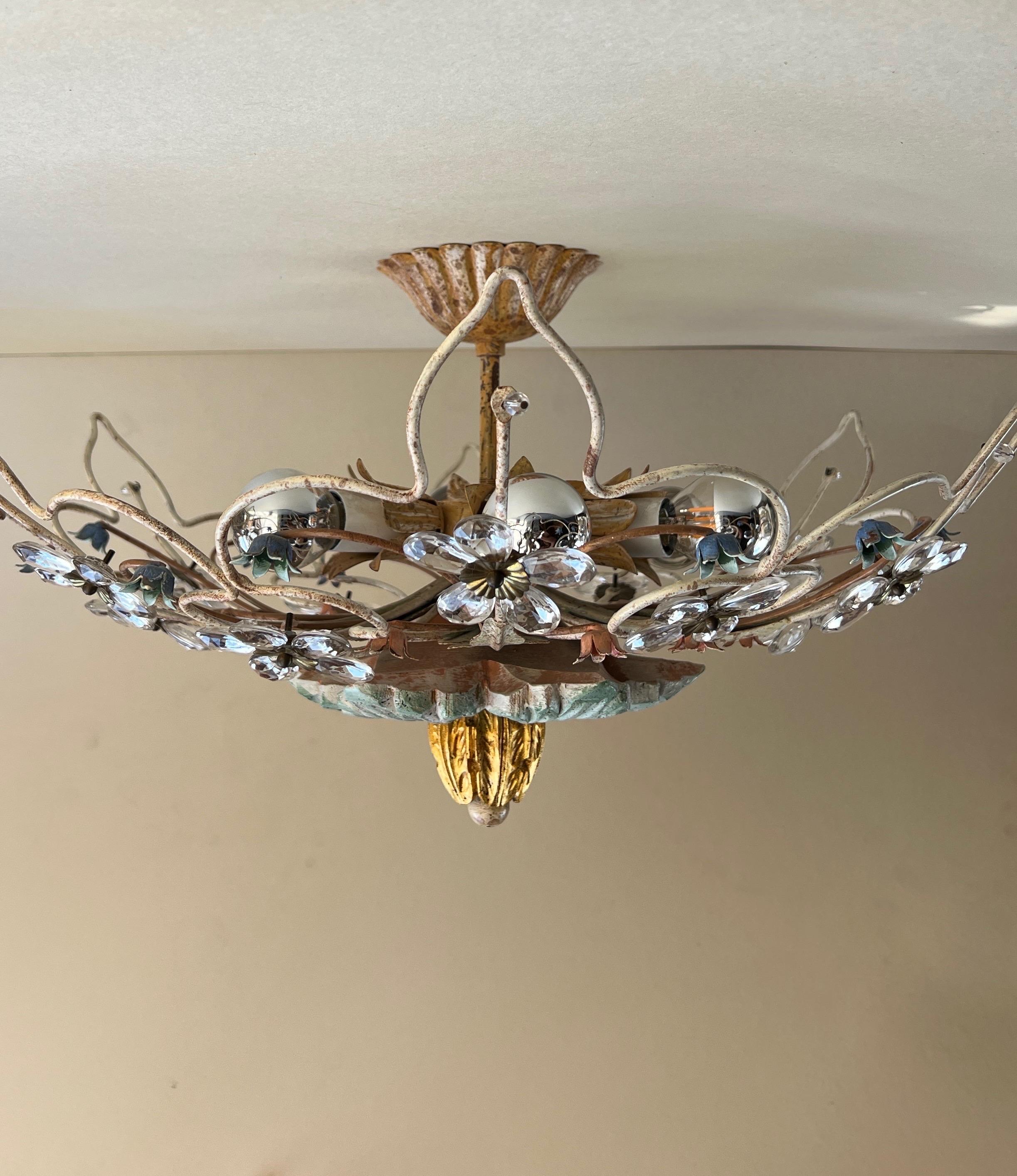 Large French Maison Bagués Gilt Flushmount with Crystal Prism Flowers For Sale 2