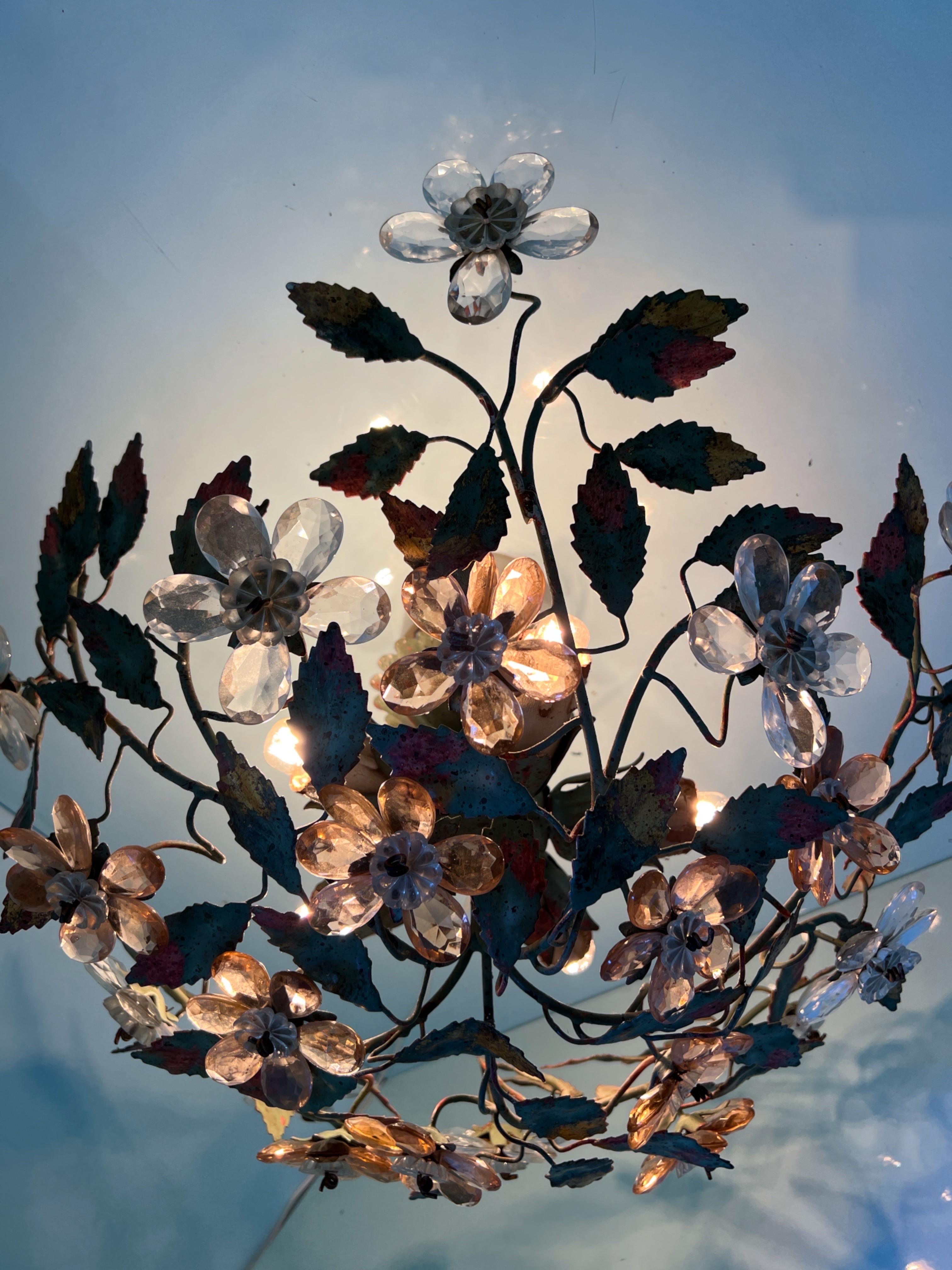 Large French Maison Bagués Gilt Flushmount with Crystal Prisms In Good Condition In Palermo, PA