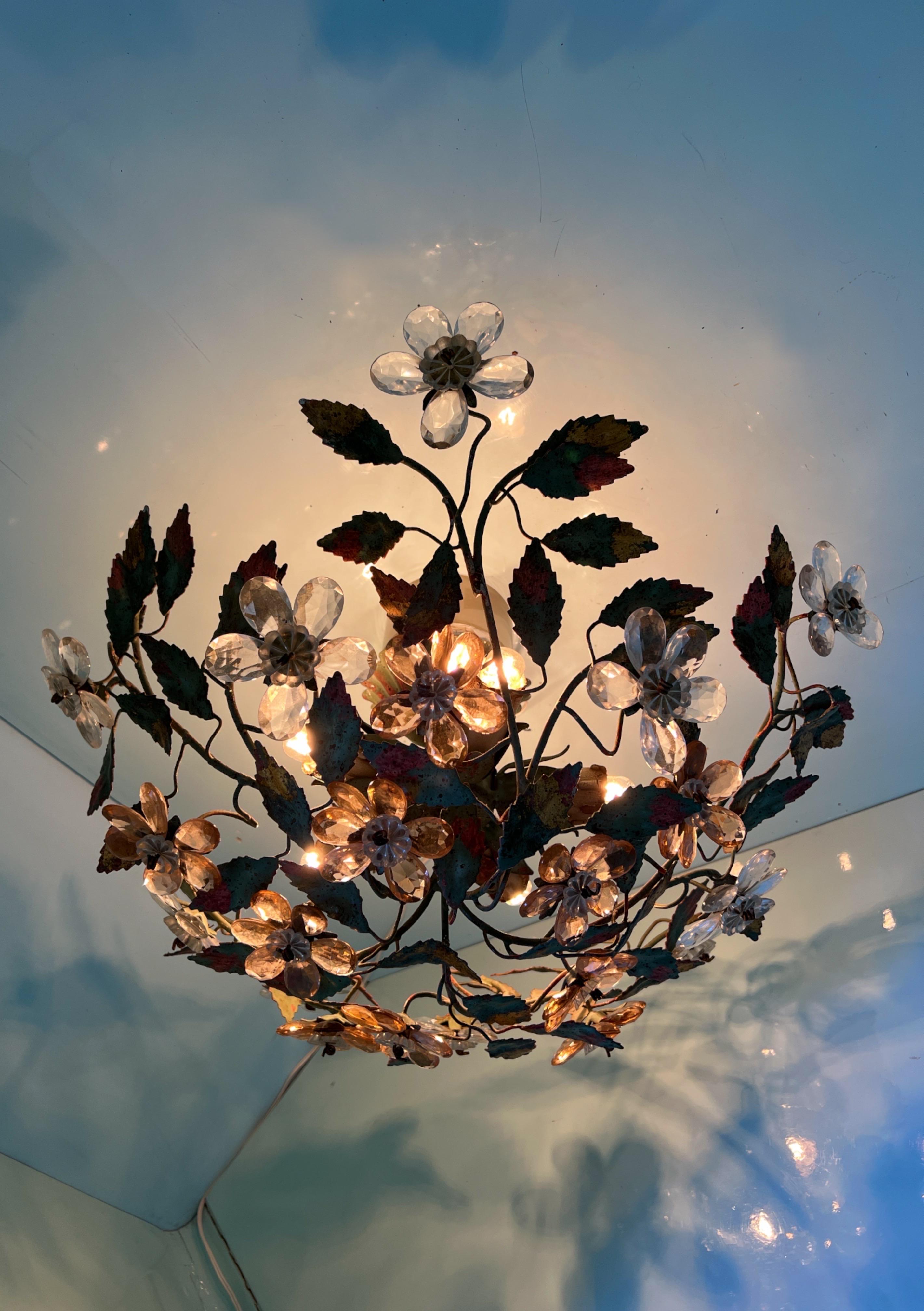 Large French Maison Bagués Gilt Flushmount with Crystal Prisms 2