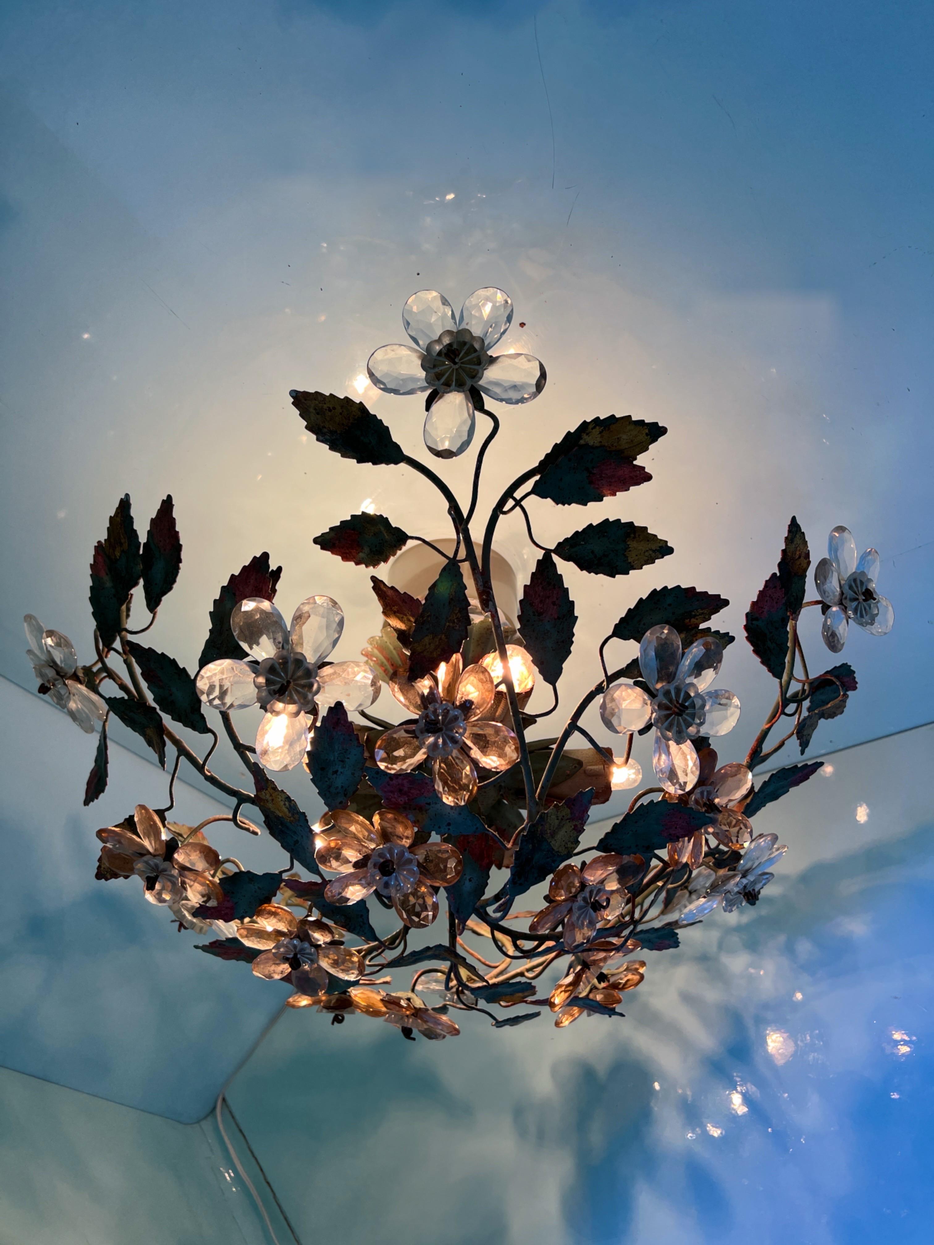 Large French Maison Bagués Gilt Flushmount with Crystal Prisms 3