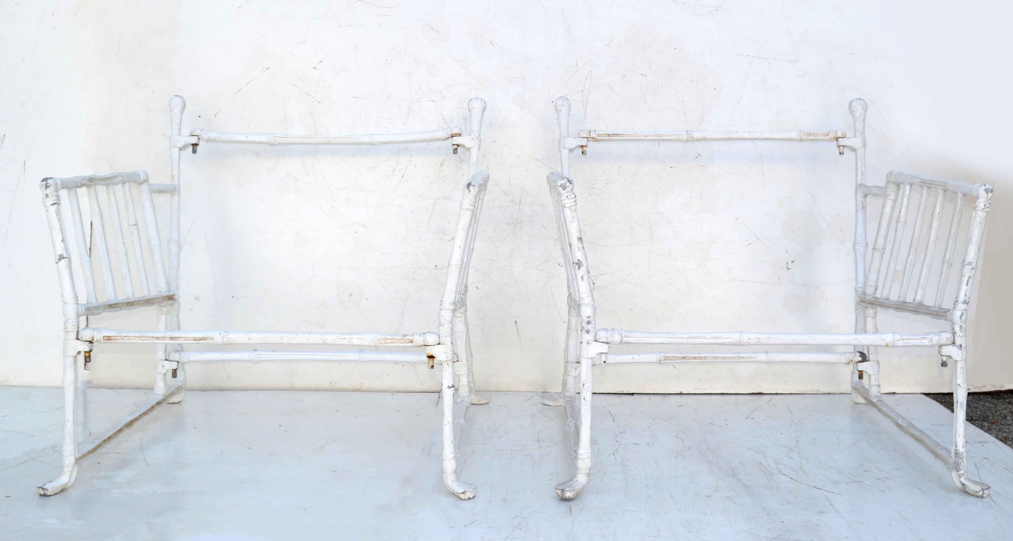 Rare and Large Faux Bamboo Steel Lounge Chair Frames distressed Look.
Arm Height: 22.5 inches. 
Found in Paris and designed after the Style of Maison Jansen.