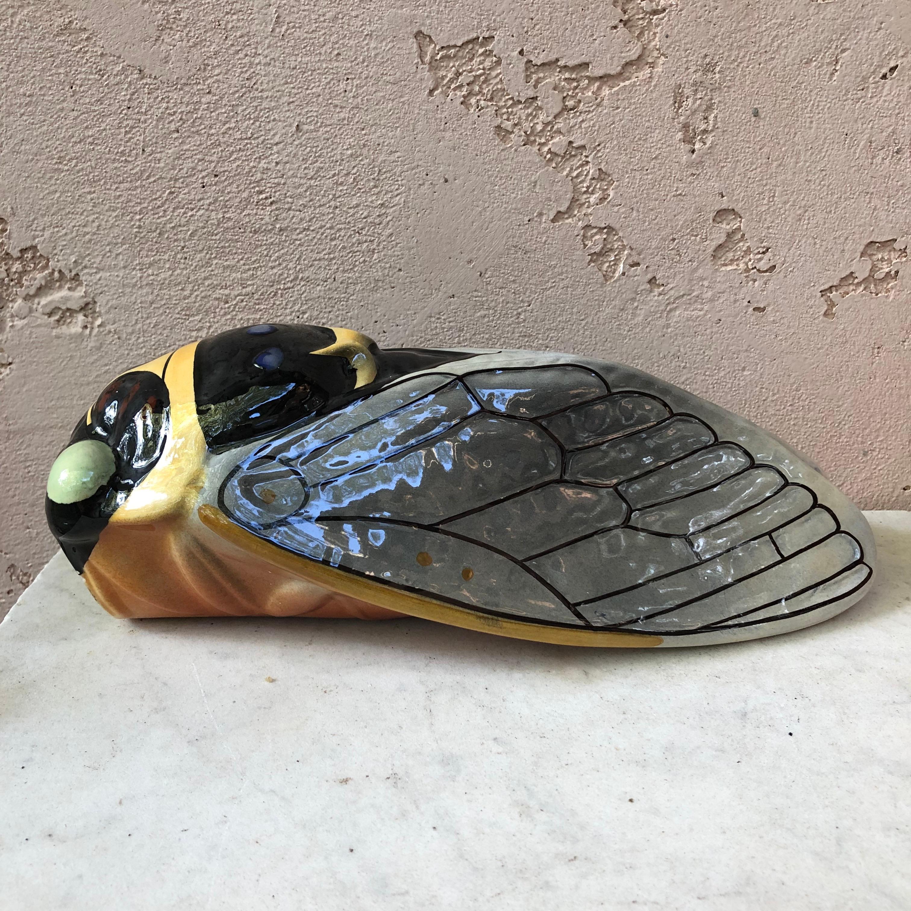 Large French Majolica cicada wall pocket signed Sicard from Provence.
Measures: Height / 11.3 inches.