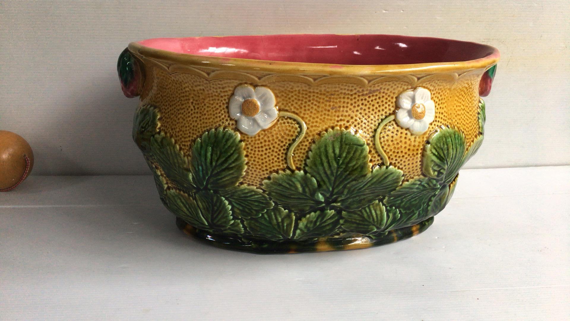 Large French Majolica jardinière with strawberries from North of France, circa 1880.
