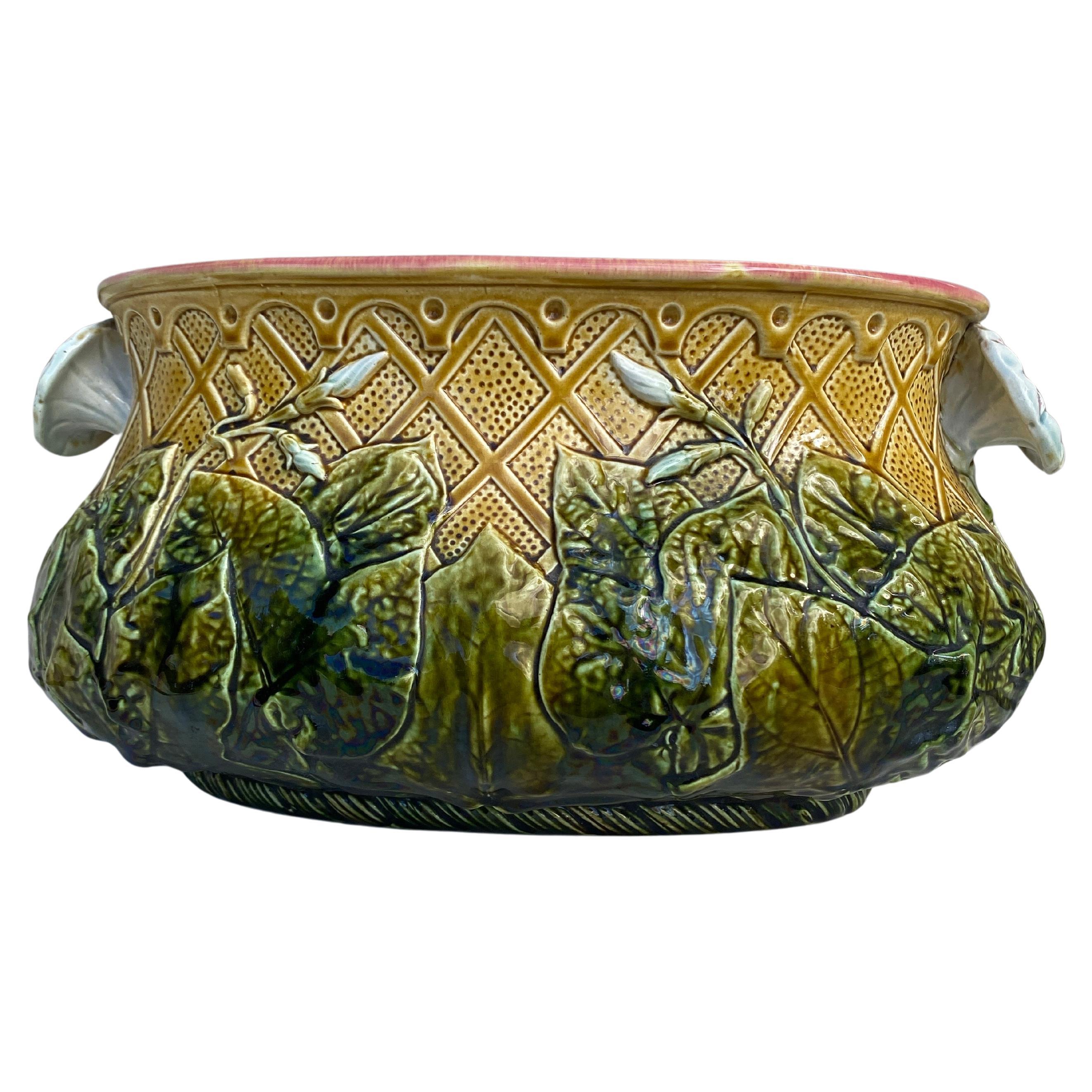 Large French Majolica jardinière with morning glory flowers from North of France, circa 1880.